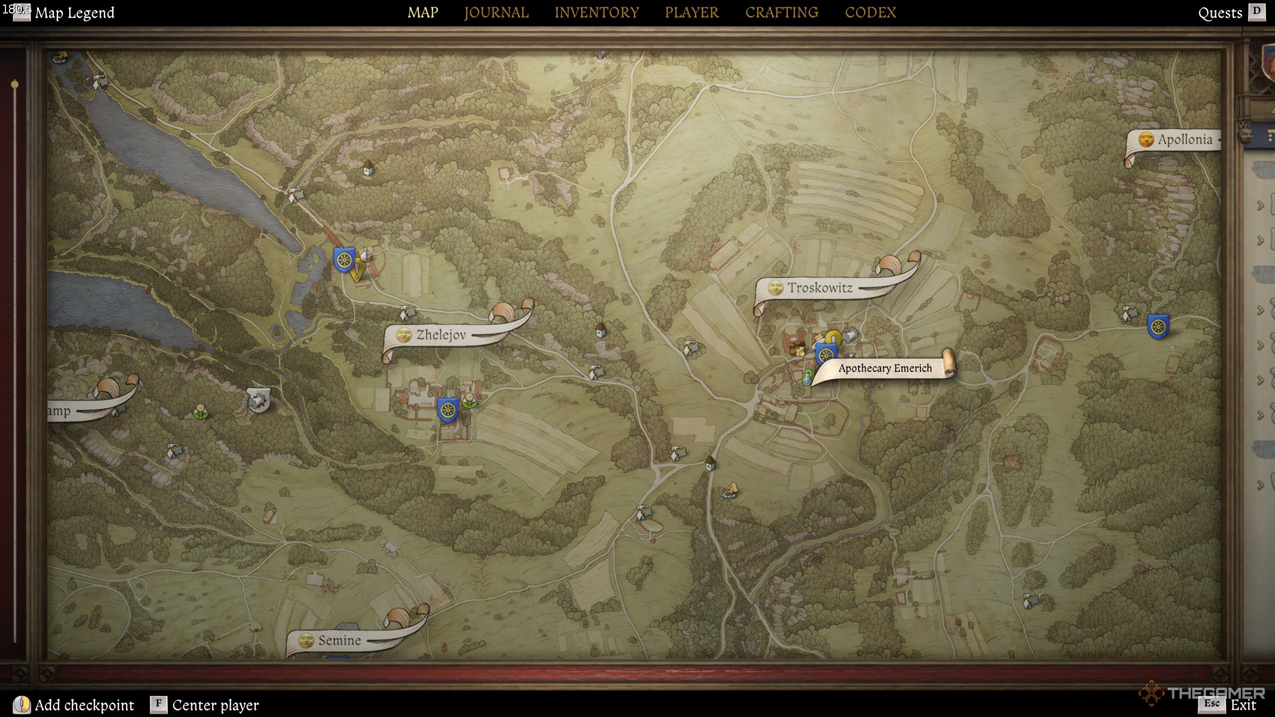 A gameplay screenshot showing the location of Apothecary Emerich on the map in kingdom Come: Deliverance 2.