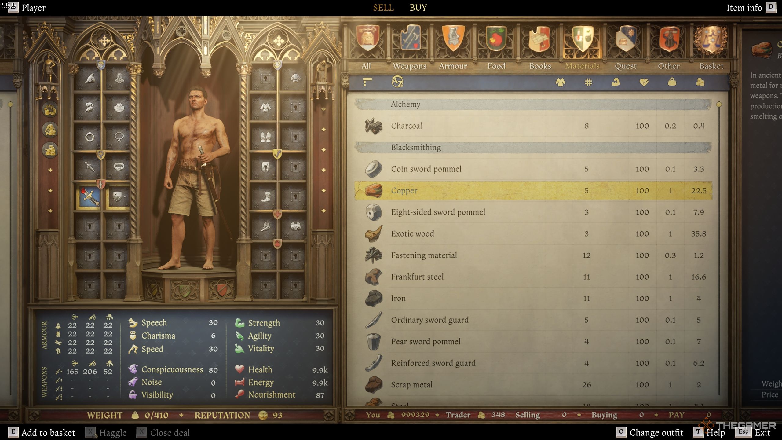 A gameplay screenshot showing a standing topless character and a lot of materials in kingdom Come: Deliverance 2.