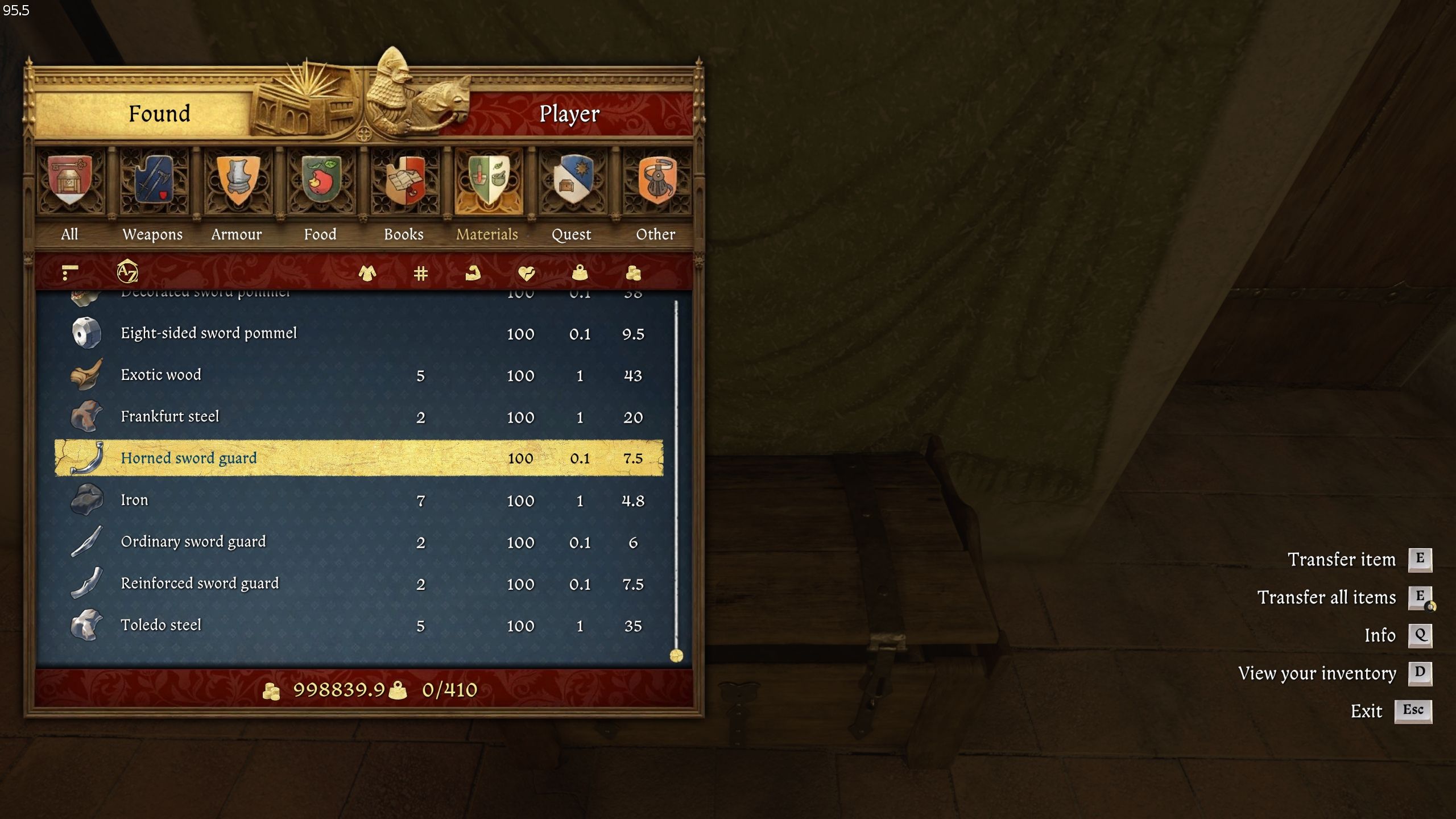 A gameplay screenshot showing a bunch of materials in kingdom Come: Deliverance 2.