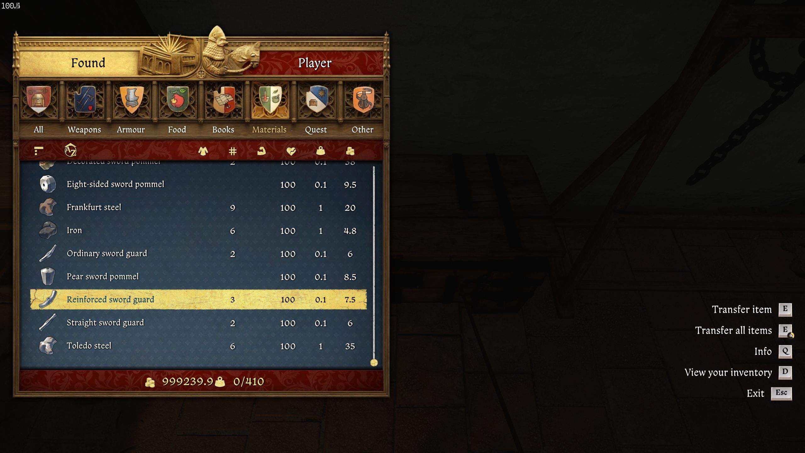 A gameplay screenshot showing a Reinforced Sword Guard and other materials  in kingdom Come: Deliverance 2.