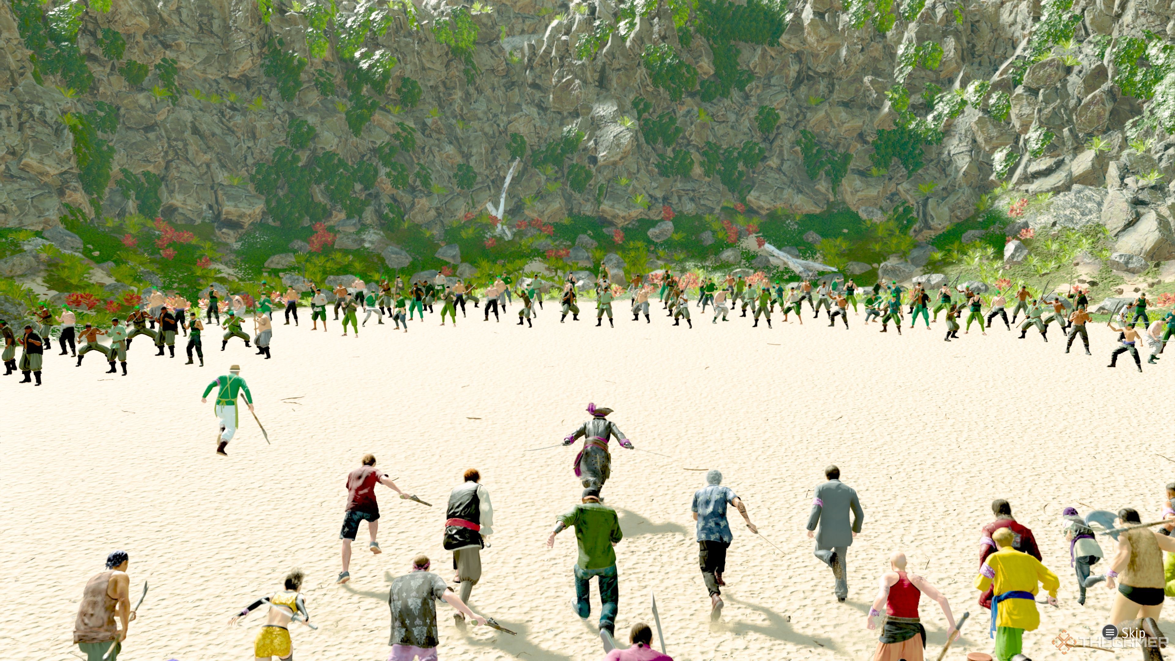 A Large Battle on a beach in Like A Dragon: Pirate Yakuza In Hawaii.