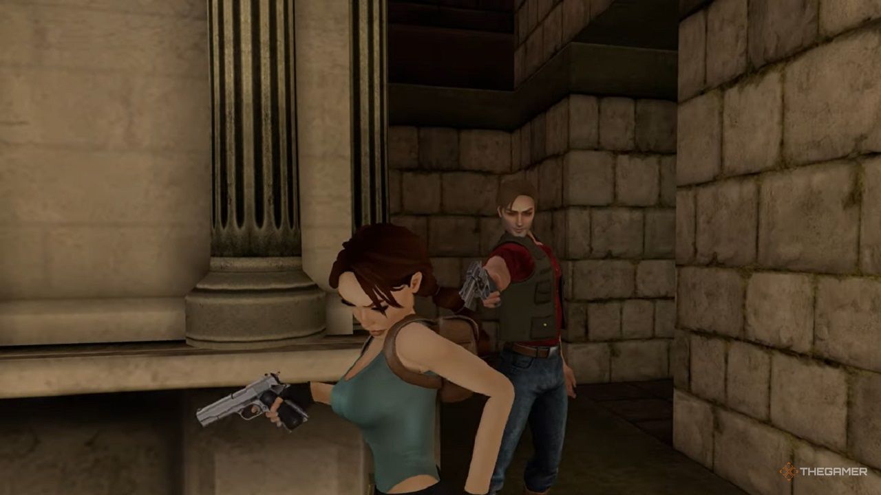 Lara Croft held at gunpoint by Larson in Tomb Raider: Chronicles.