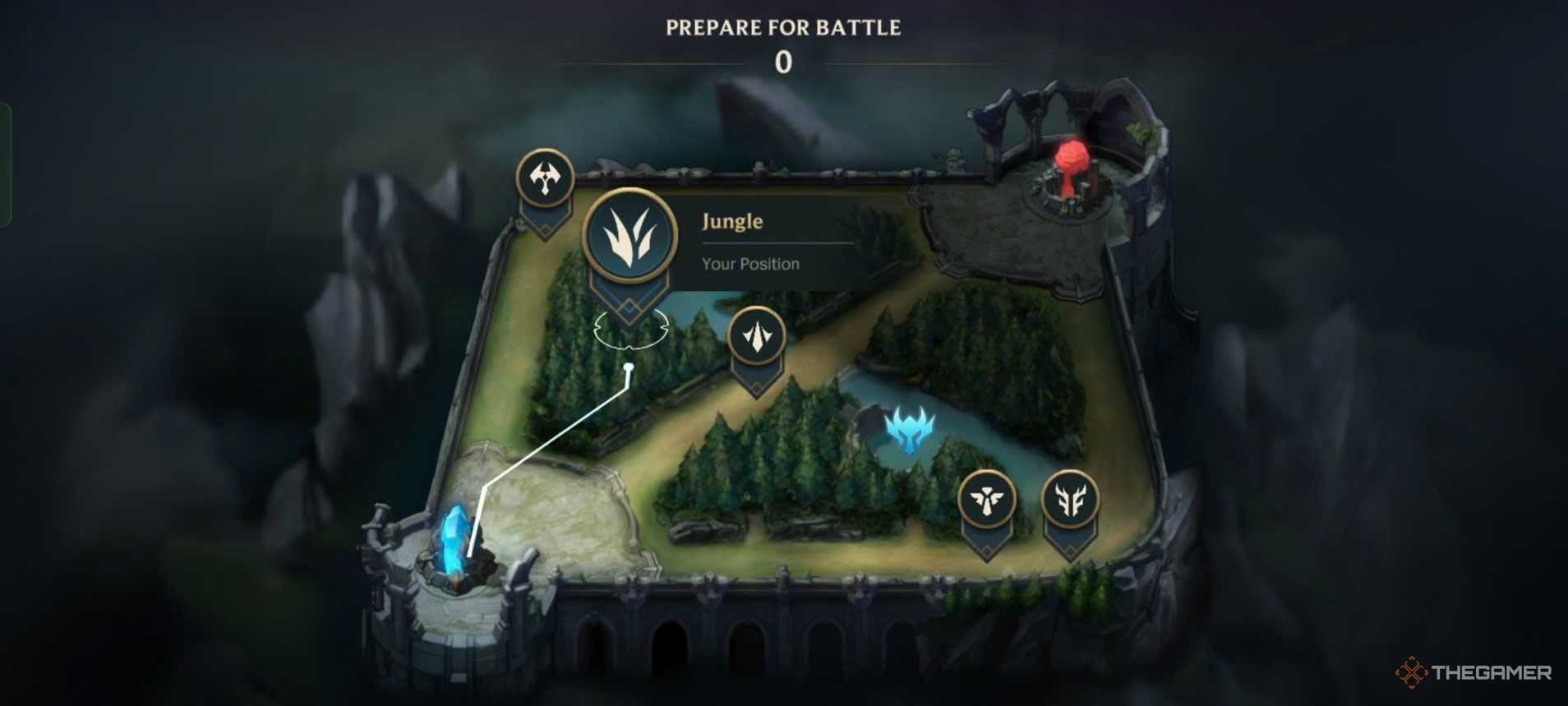 All five roles in Wild Rift—Top, Jungle, Mid, ADC, and Support—are displayed on the map, with the Jungle role highlighted.