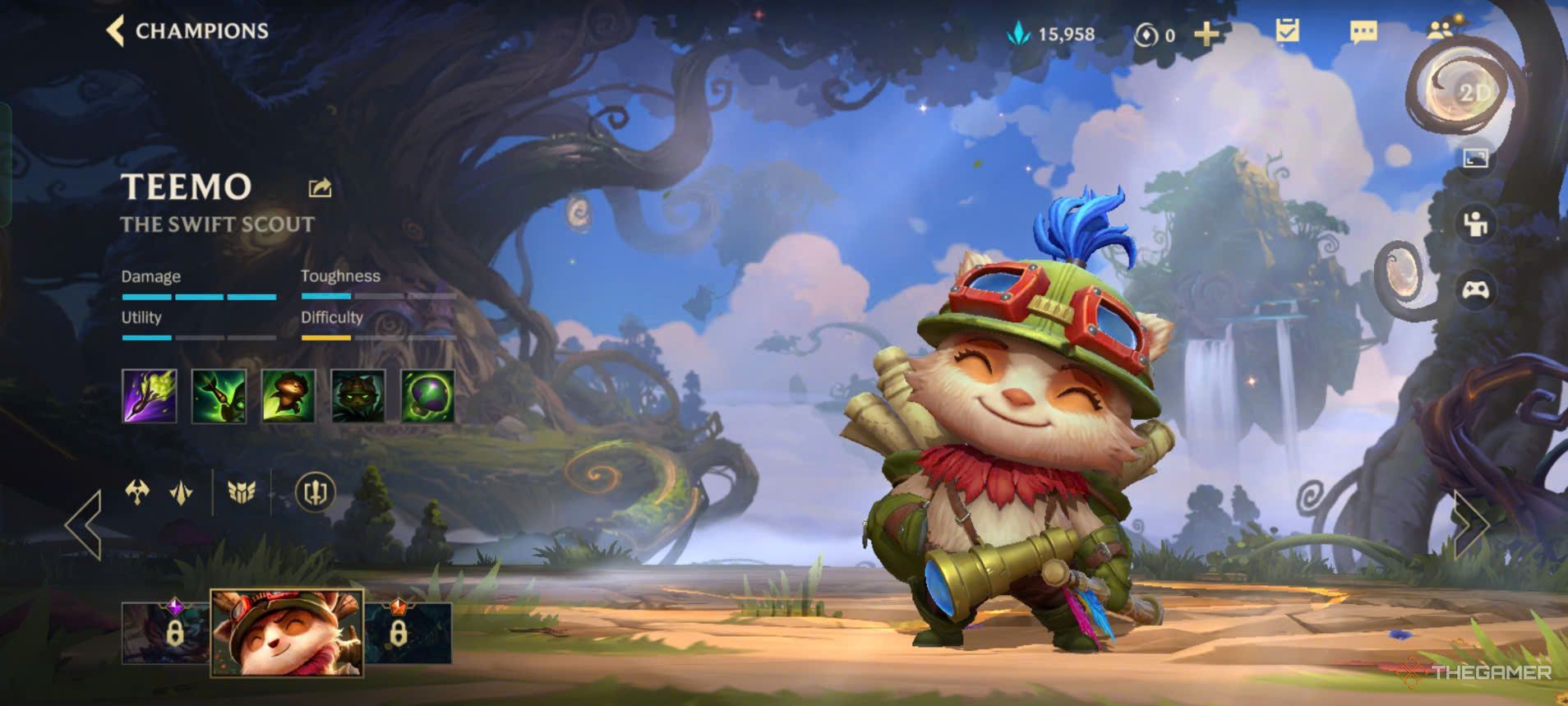 Teemo's League of Legends: Wild Rift menu with his stats and abilities.