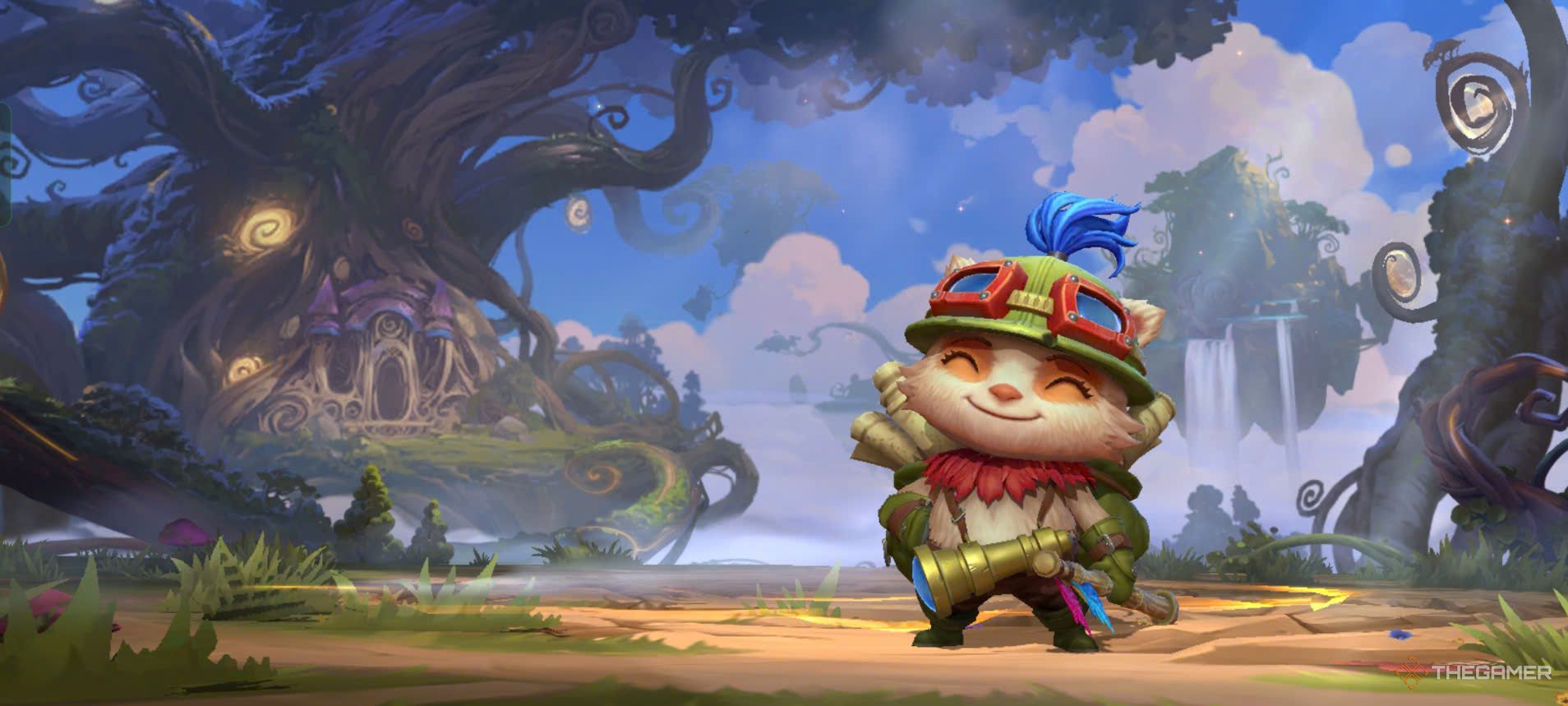 League Of Legends Wild Rift - Teemo is standing in Bandle City, smiling.