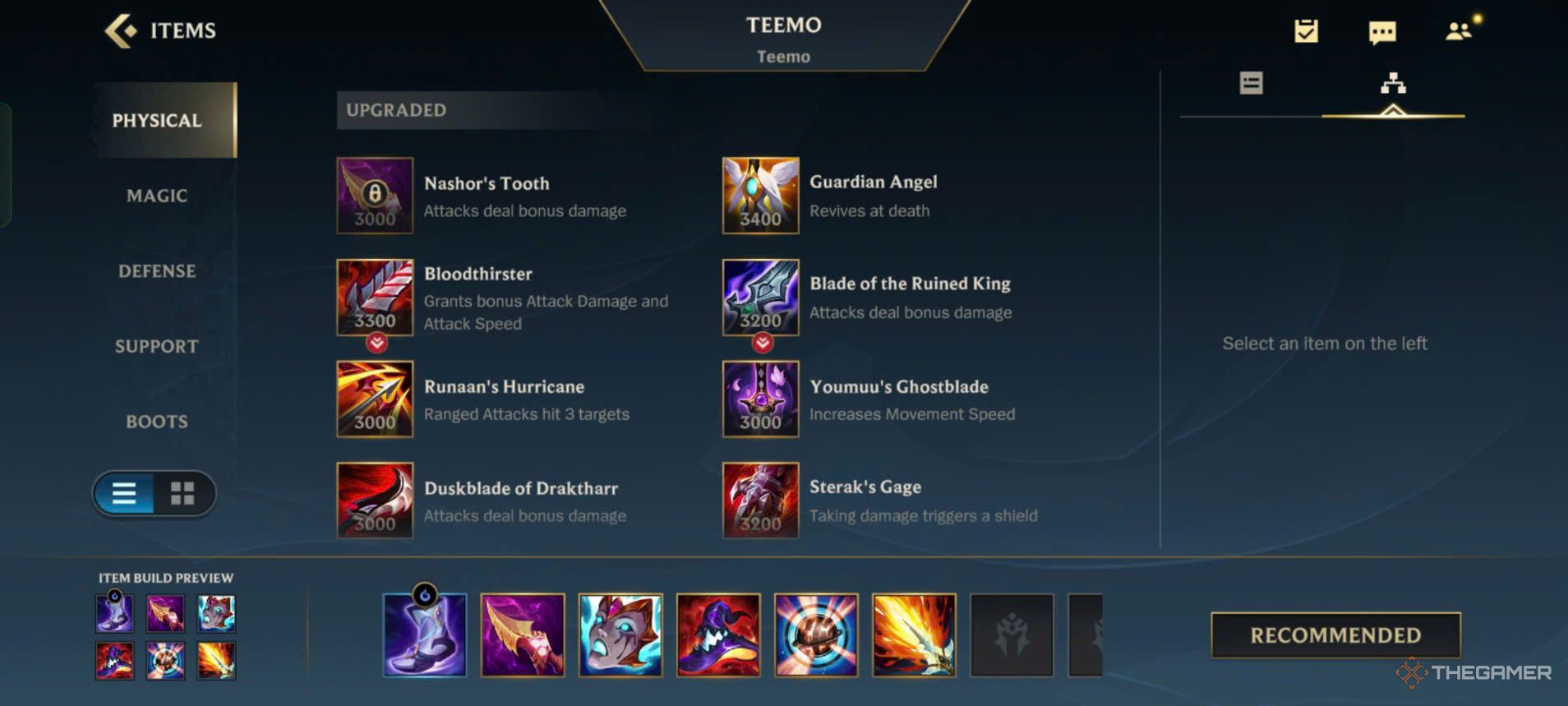 League Of Legends Wild Rift - Teemo Items menu, showing various types of items including physical, magic, defense, support, and boots.