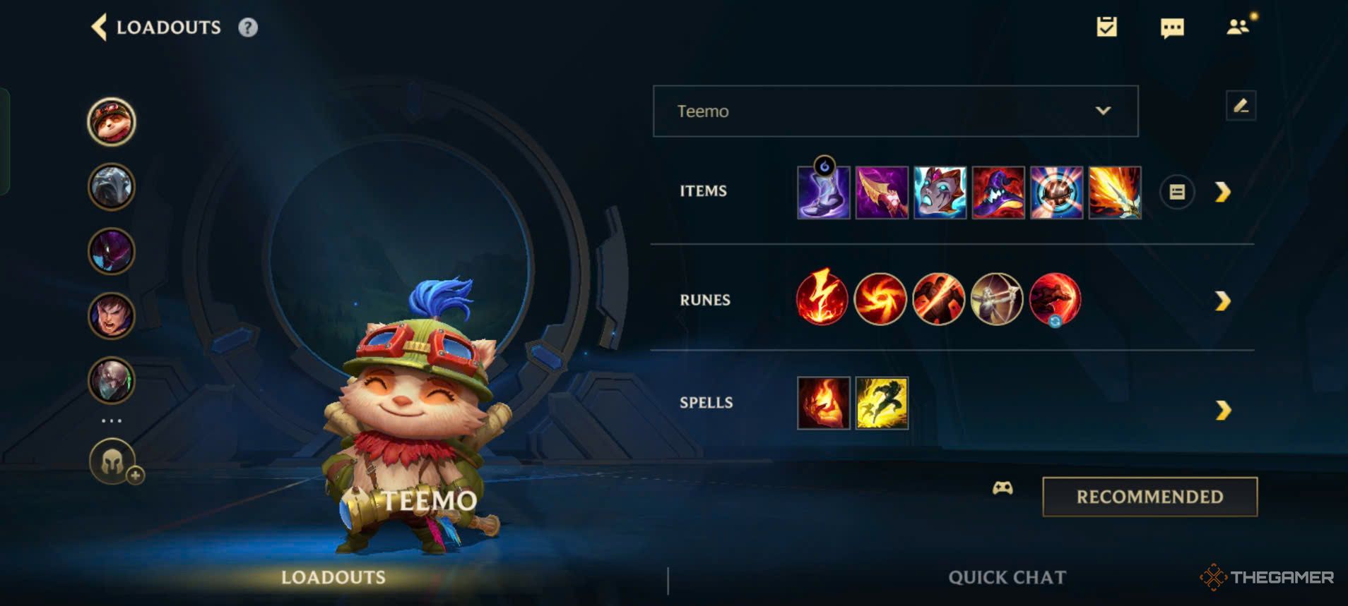 League Of Legends Wild Rift - Teemo loadouts menu with items, runes, and spells.