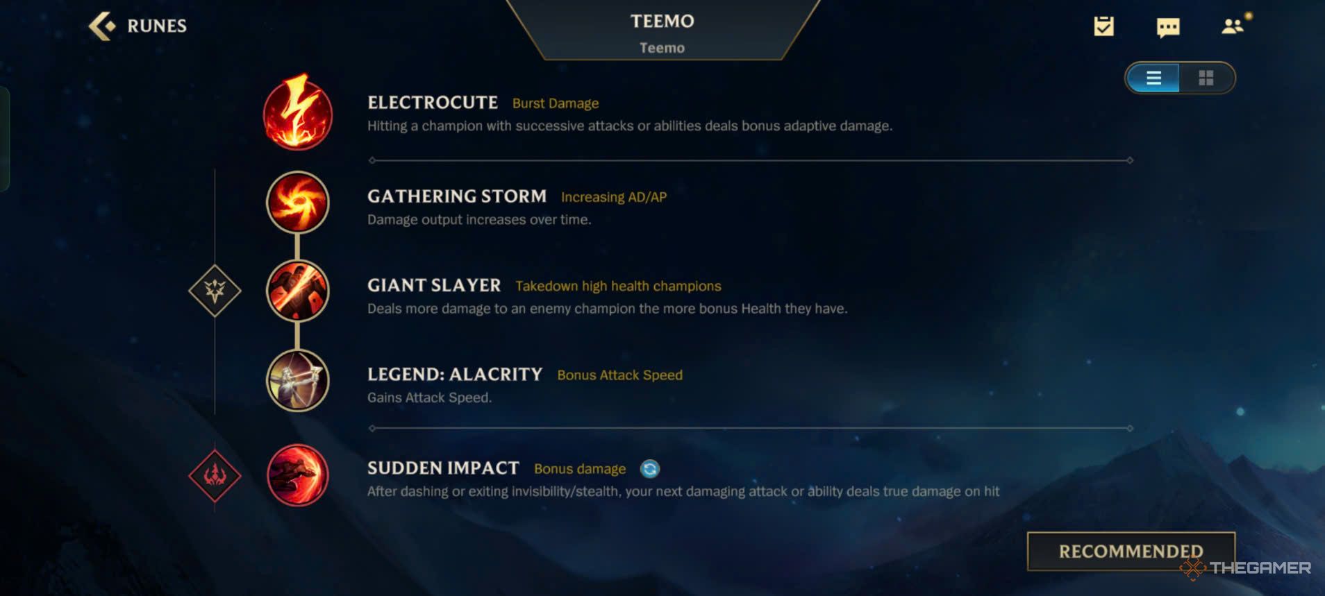 League Of Legends Wild Rift - Teemo Runes menu, including Electrocute, Gathering Storm, Giant Slayer, Legend: Alacrity, and Sudden Impact.