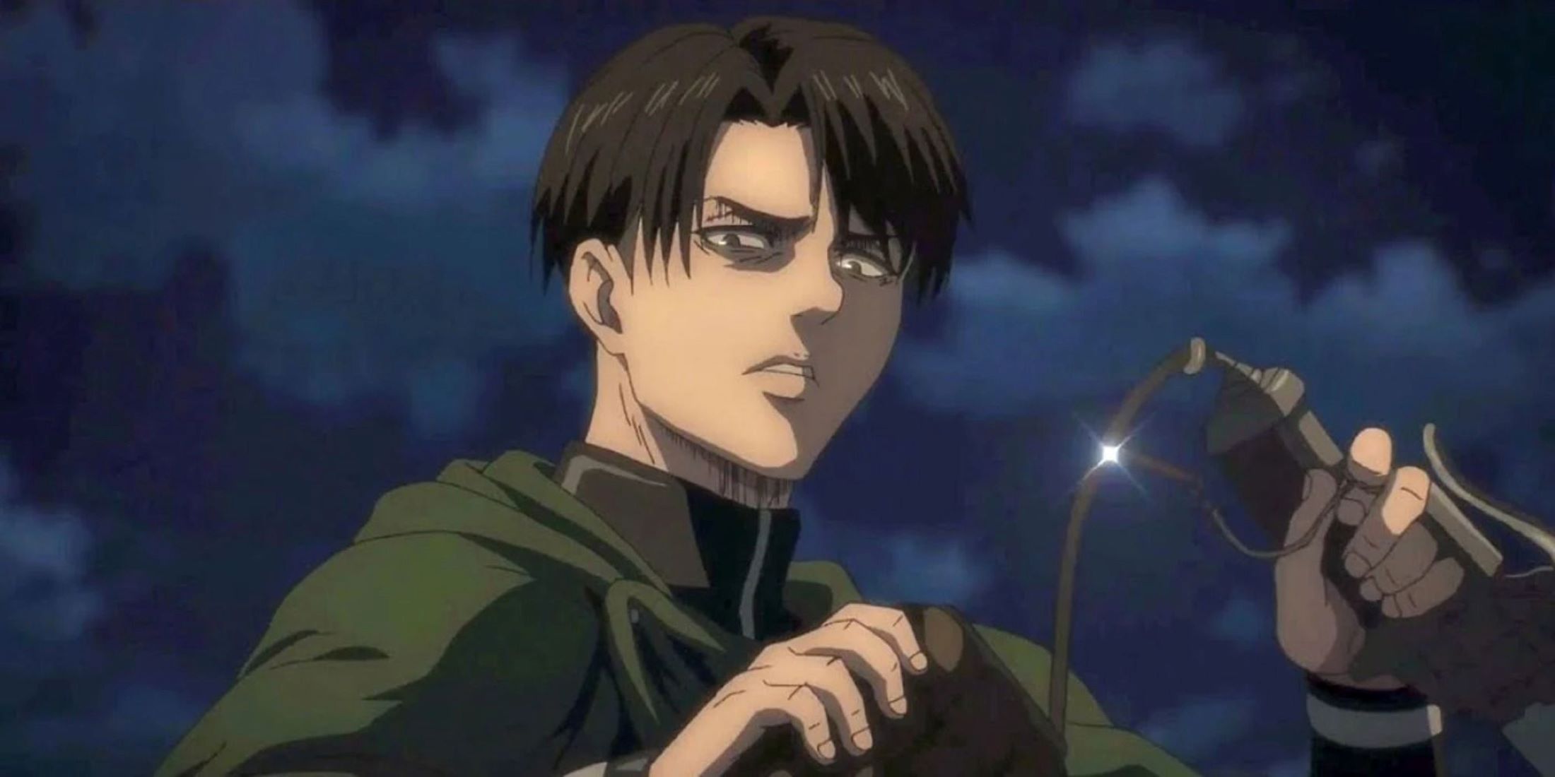 Levi Ackerman in clothing from season 4 with cloudy night time sky behind