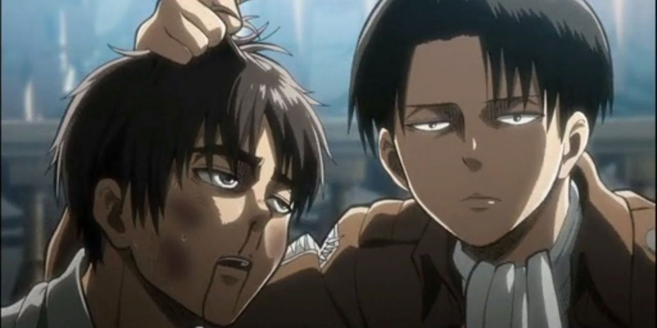 Levi holding up the head of a beaten up Eren