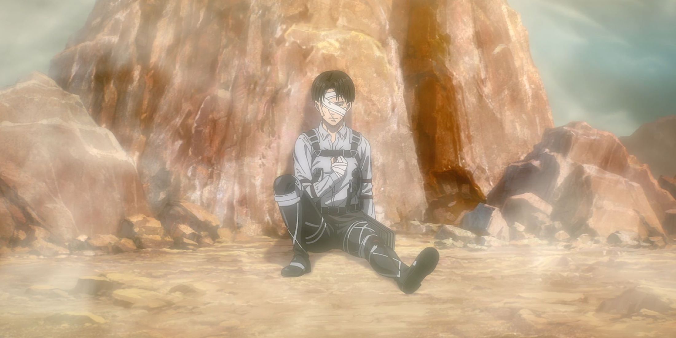 Injured Levi saluting while leaning against stones