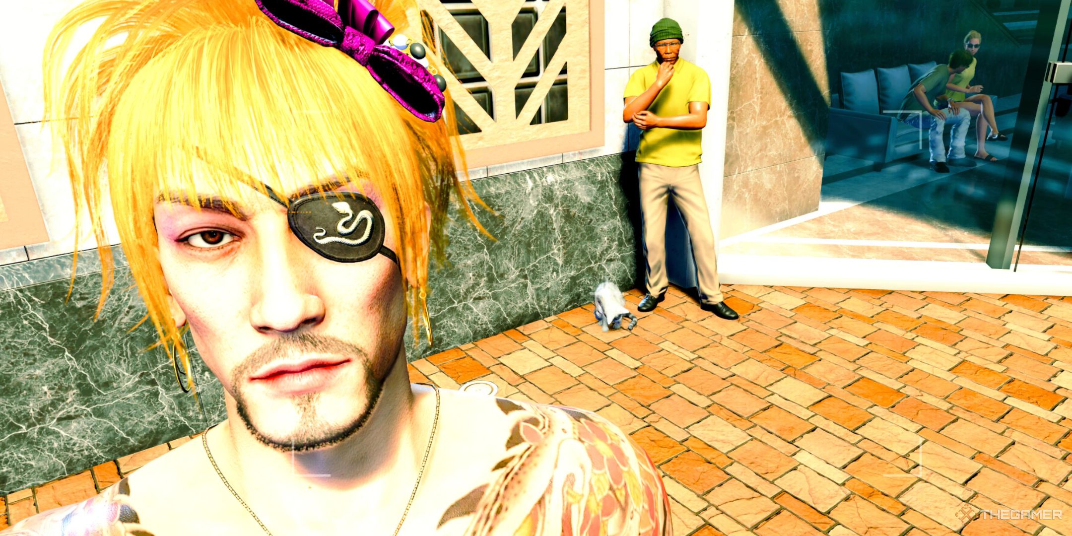 Like A Dragon Pirate Yakuza in Hawaii. Majima dressed in the Goromi outfit taking a picture with Allure.