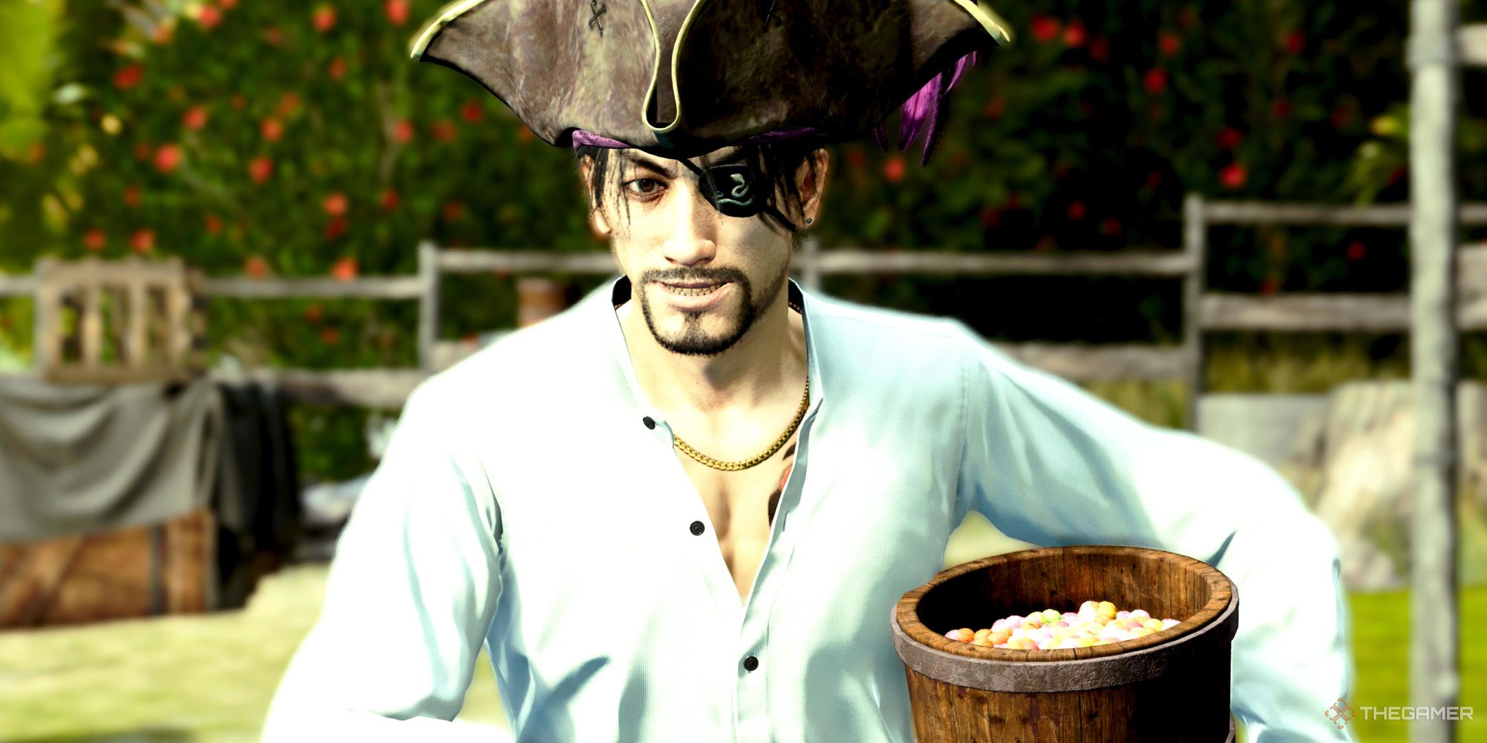 Like A Dragon Pirate Yakuza in Hawaii. Majima holding snacks.