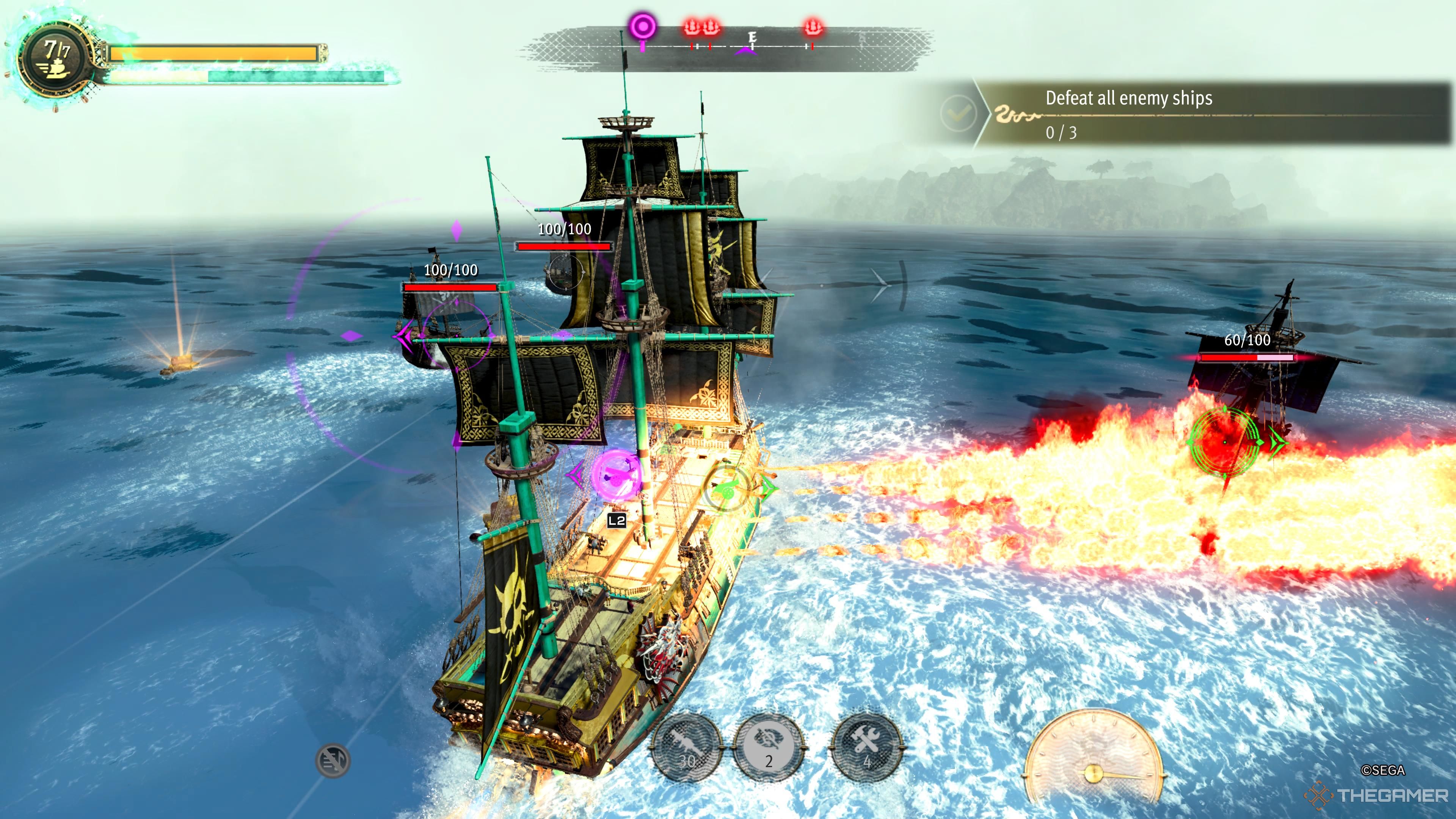 Like A Dragon Pirate Yakuza in Hawaii. Ship Combat. Destroying an enemy ship with flamethrowers.