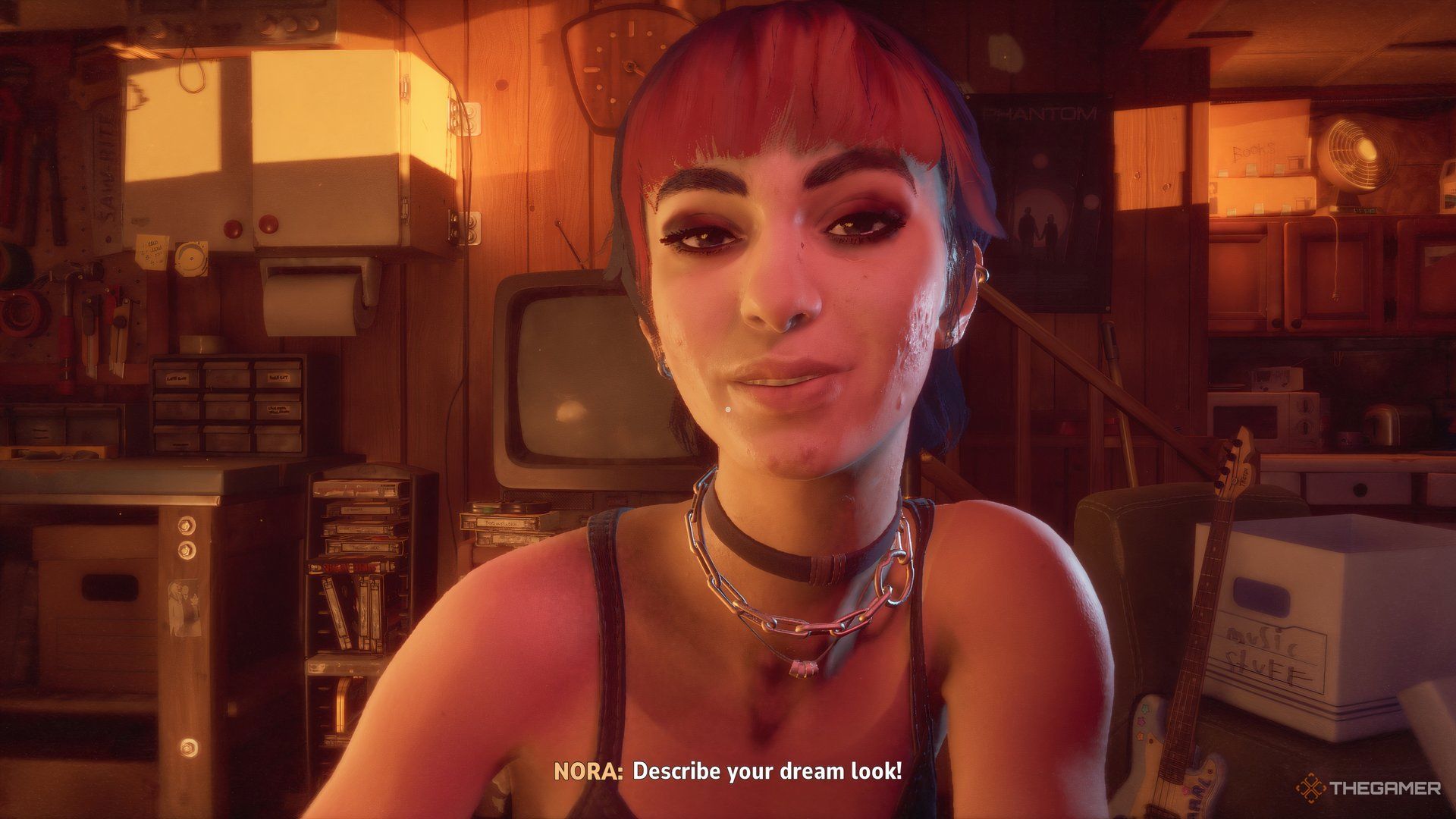 Close up of Nora in her basement, asking about your dream look.