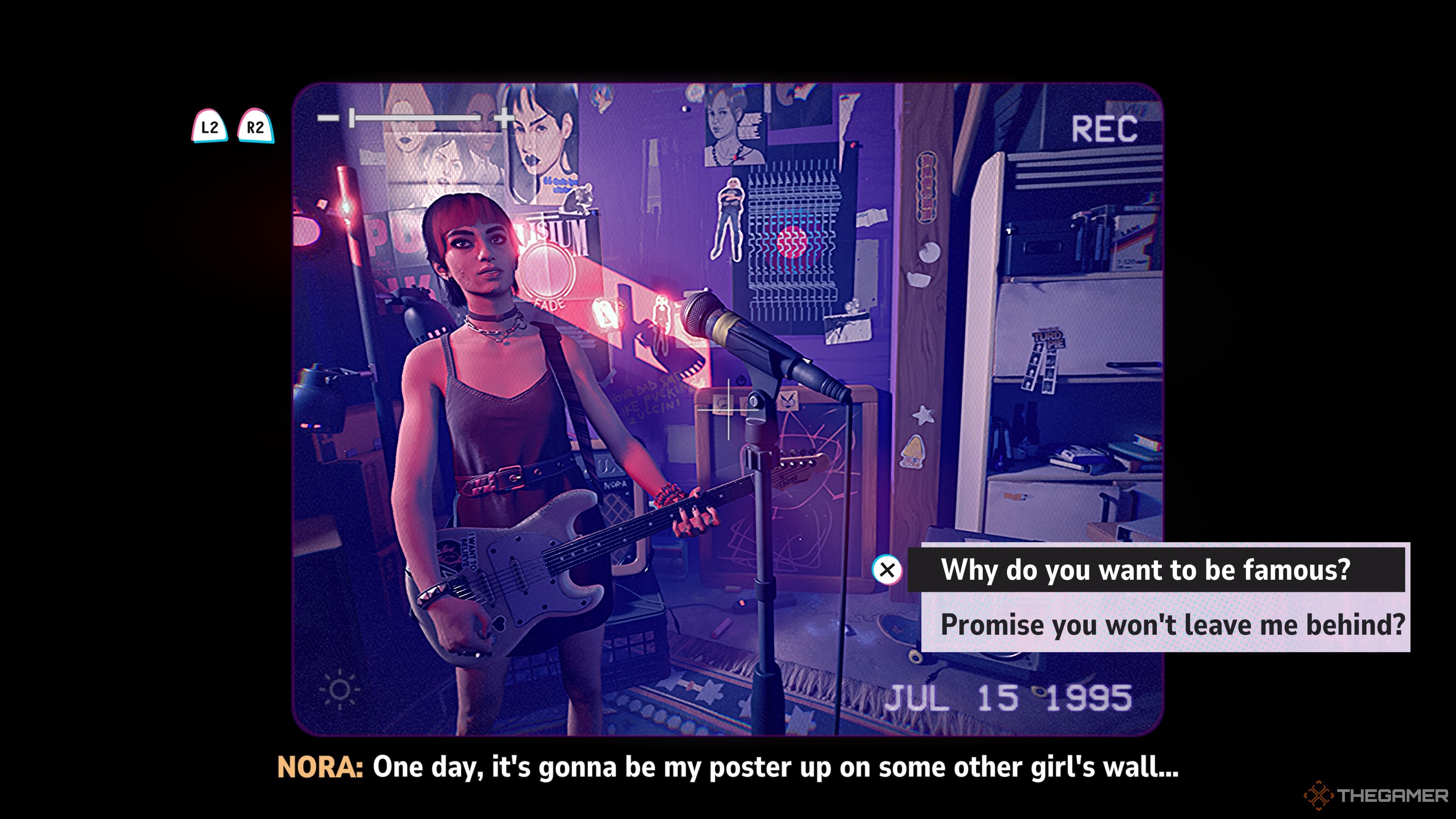 In Lost Records: Bloom & Rage, Nora holds a guitar in her garage, with two dialogue options about her potential future fame.