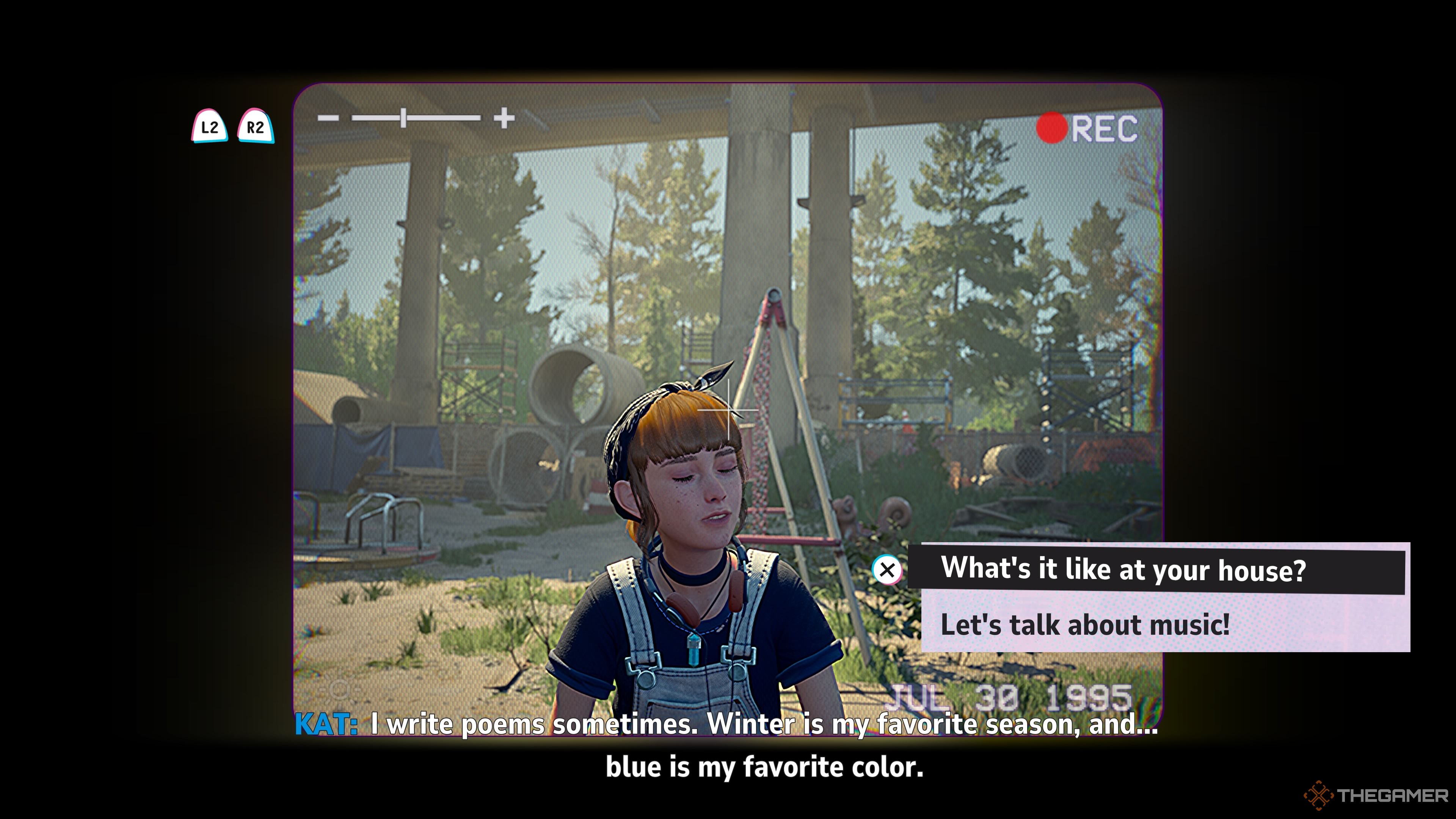 Kat from Lost Records: Bloom & Rage sits in a playground with dialogue options about her home life and her taste in music.