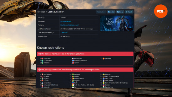 A screenshot of SteamDB showing the metadata page for Lost Soul Aside, and that the game is unable to be purchased in 130 countries. A screenshot for the game can be seen in the background, alongside the logo for PCGamesN in the top right.