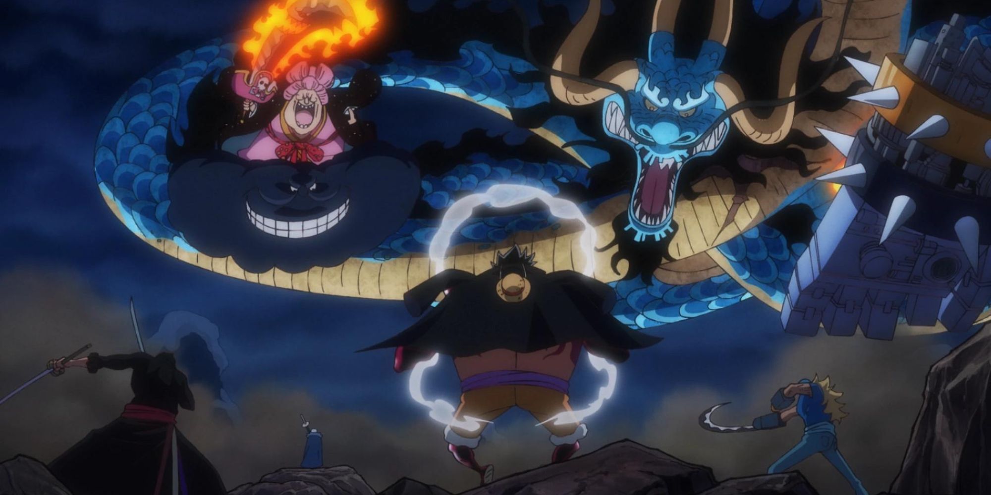 Luffy, Zoro, Law, Kid and Killer versus Kaido and Big Mom.