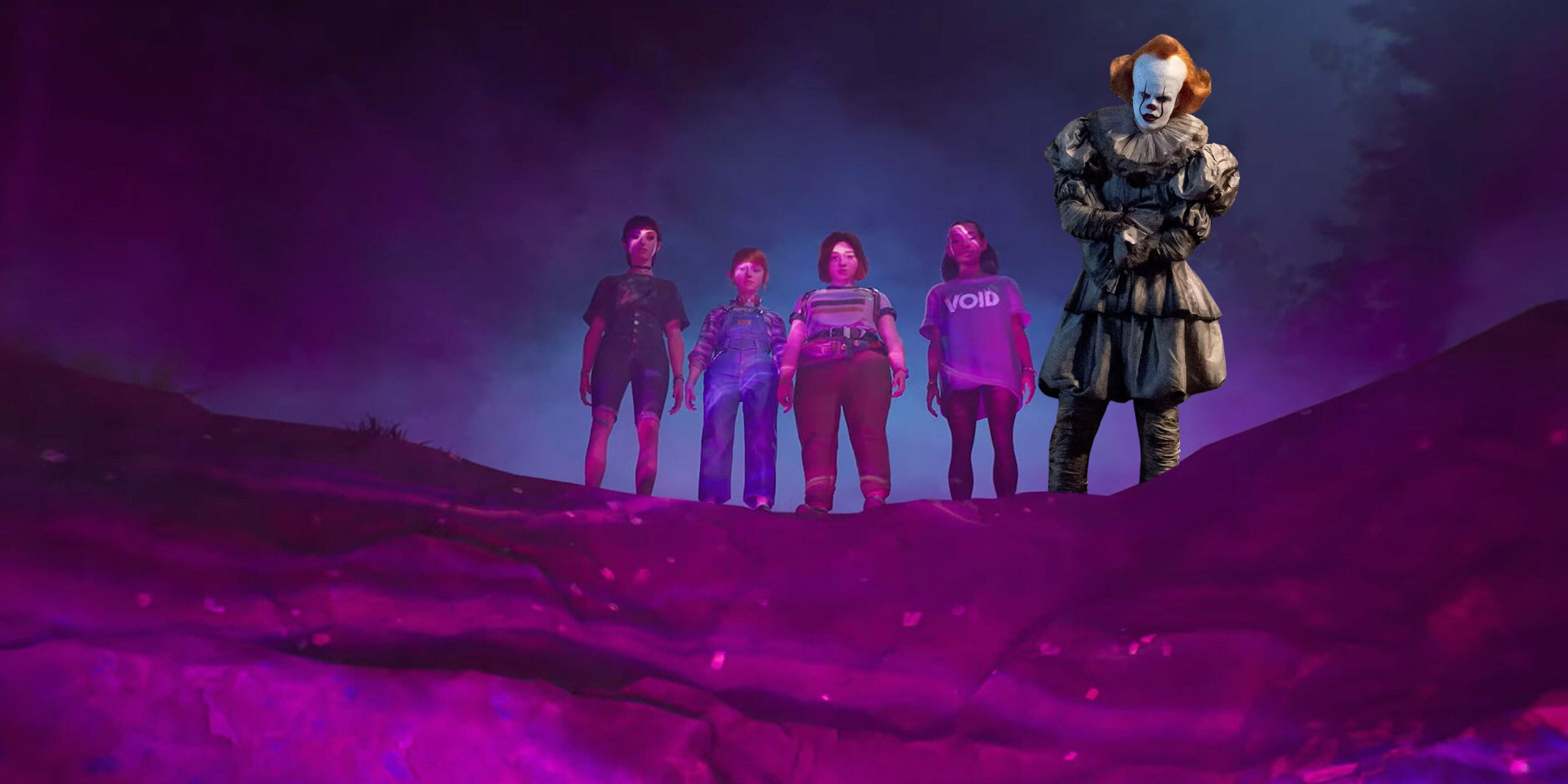 Main characters from Lost Records with Pennywise next to them