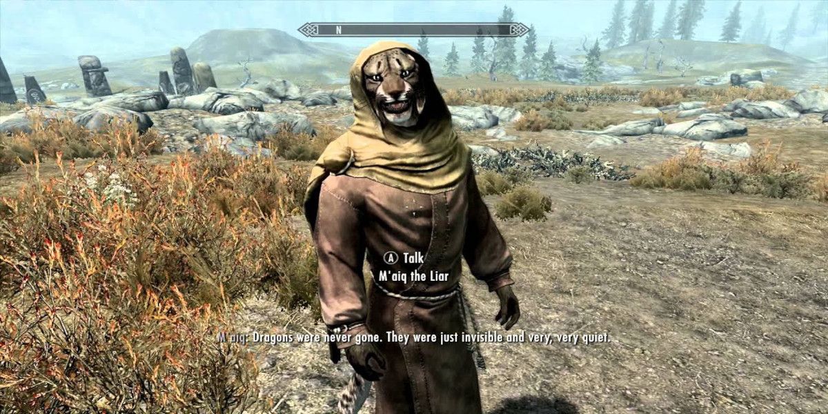 The player encounters M'aiq the Liar in Skyrim.