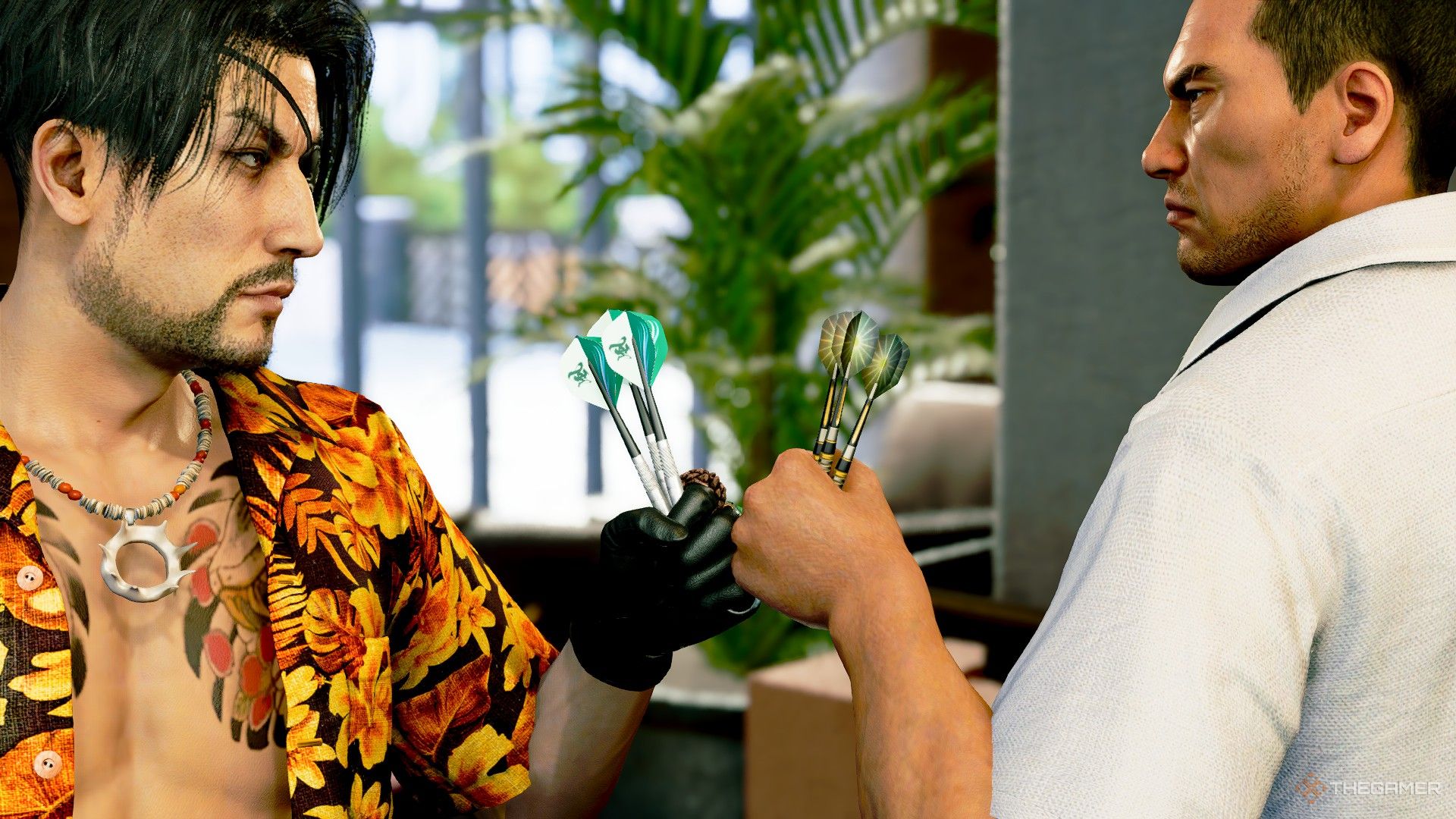 Majima and Saejima facing off with darts in their hands in Like a Dragon Pirate Yakuza in Hawaii.