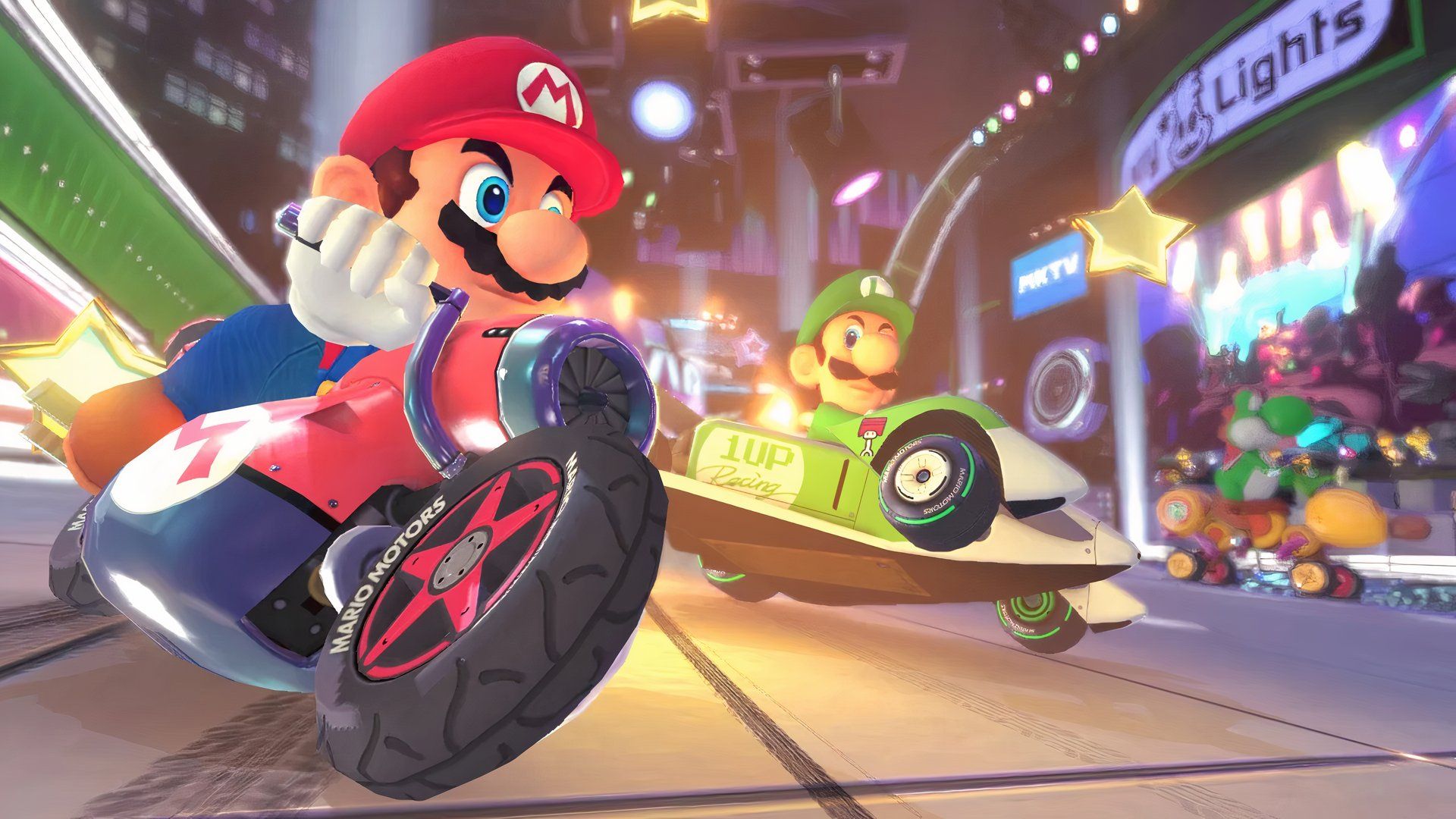 Mario racing against Luigi and Yoshi in Mario Kart 8.