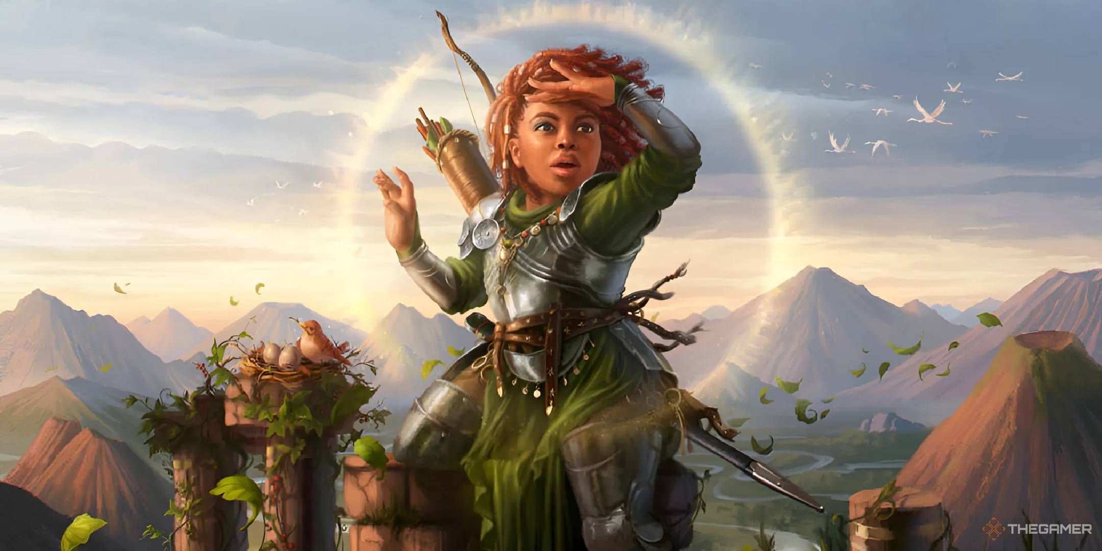 A Halfling Paladin looks to the horizon from atop a pillar in Dungeons & Dragons art.