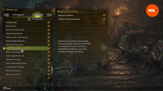 a list of completed side quests in monster hunter wilds