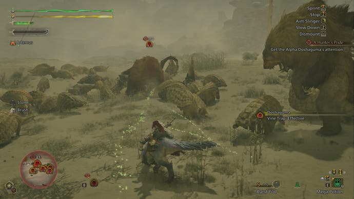 A hunter rides through a herd of monsters in a sandstorm in Monster Hunter Wilds.