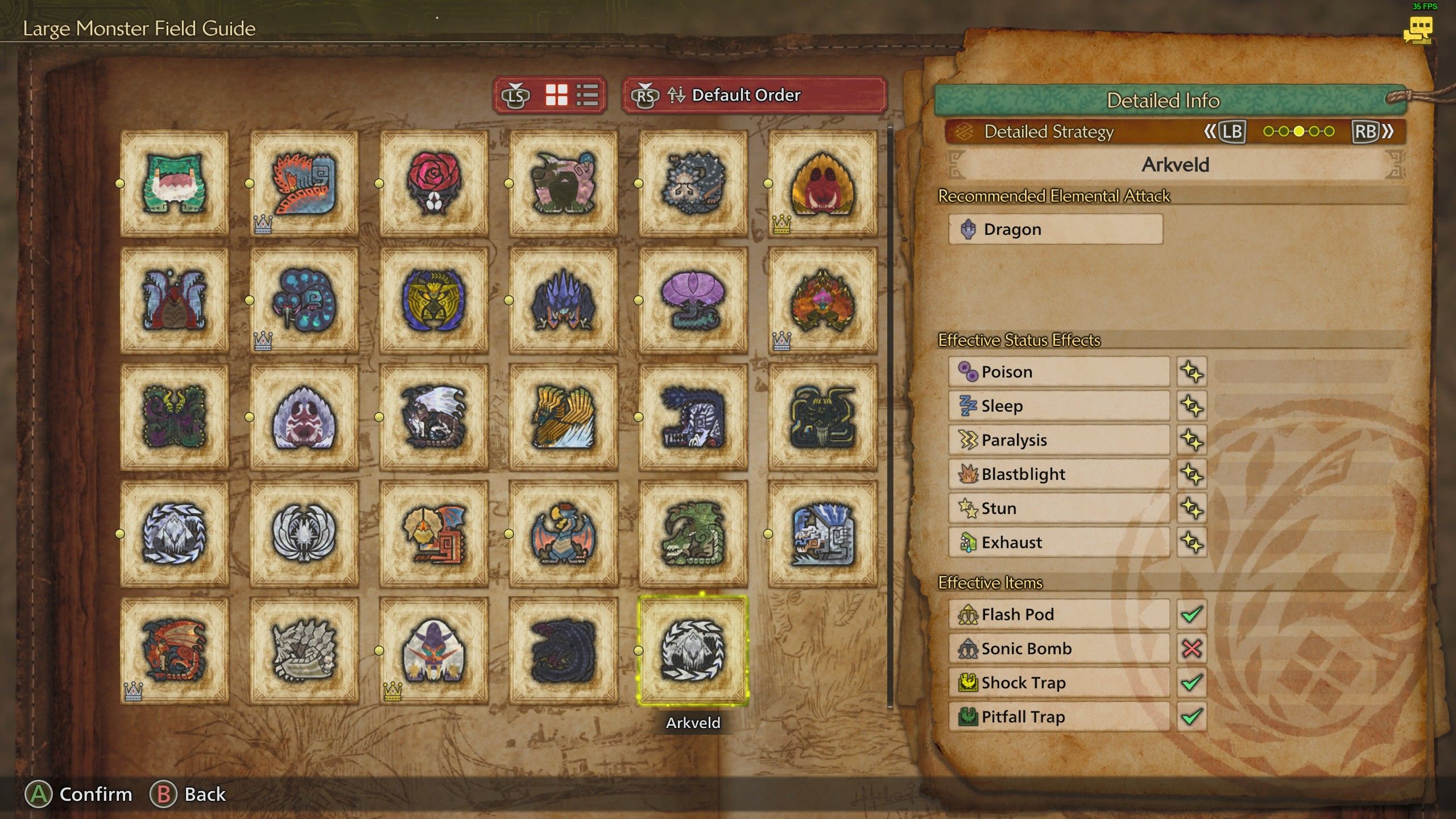 The Monster Guide showing Arkveld's elemental weaknesses in Monster Hunter Wilds.