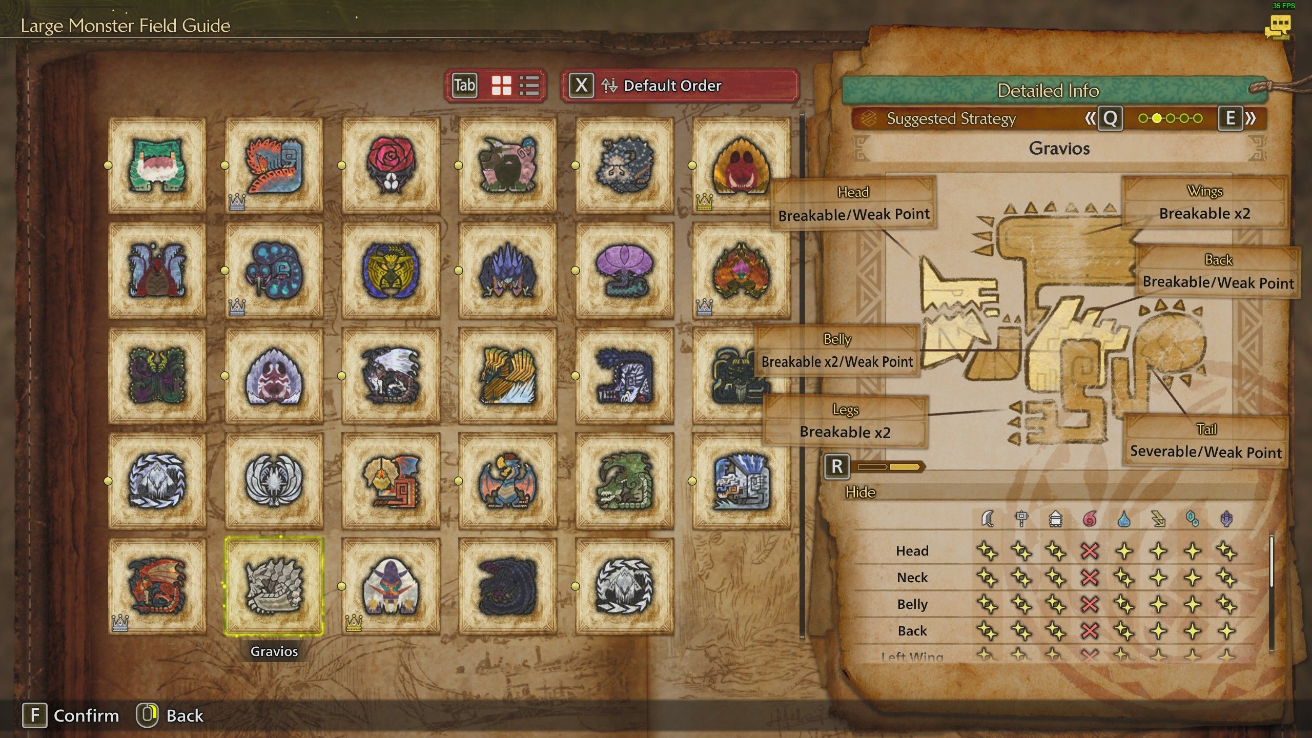 The Monster Guide showing Gravios' weapon damage weaknesses in Monster Hunter Wilds.
