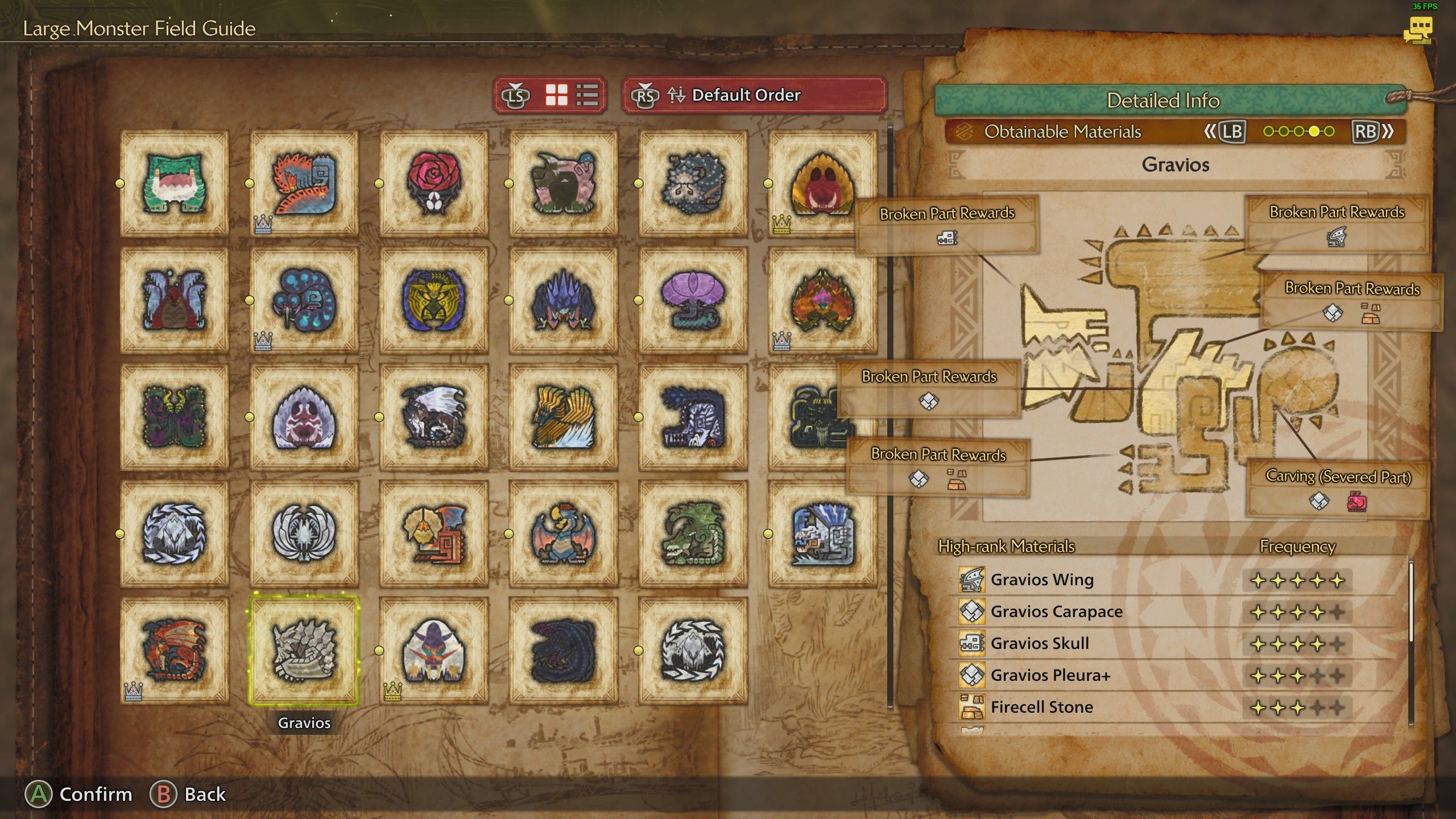 The Monster Guide showing Gravios' material drops in Monster Hunter Wilds.
