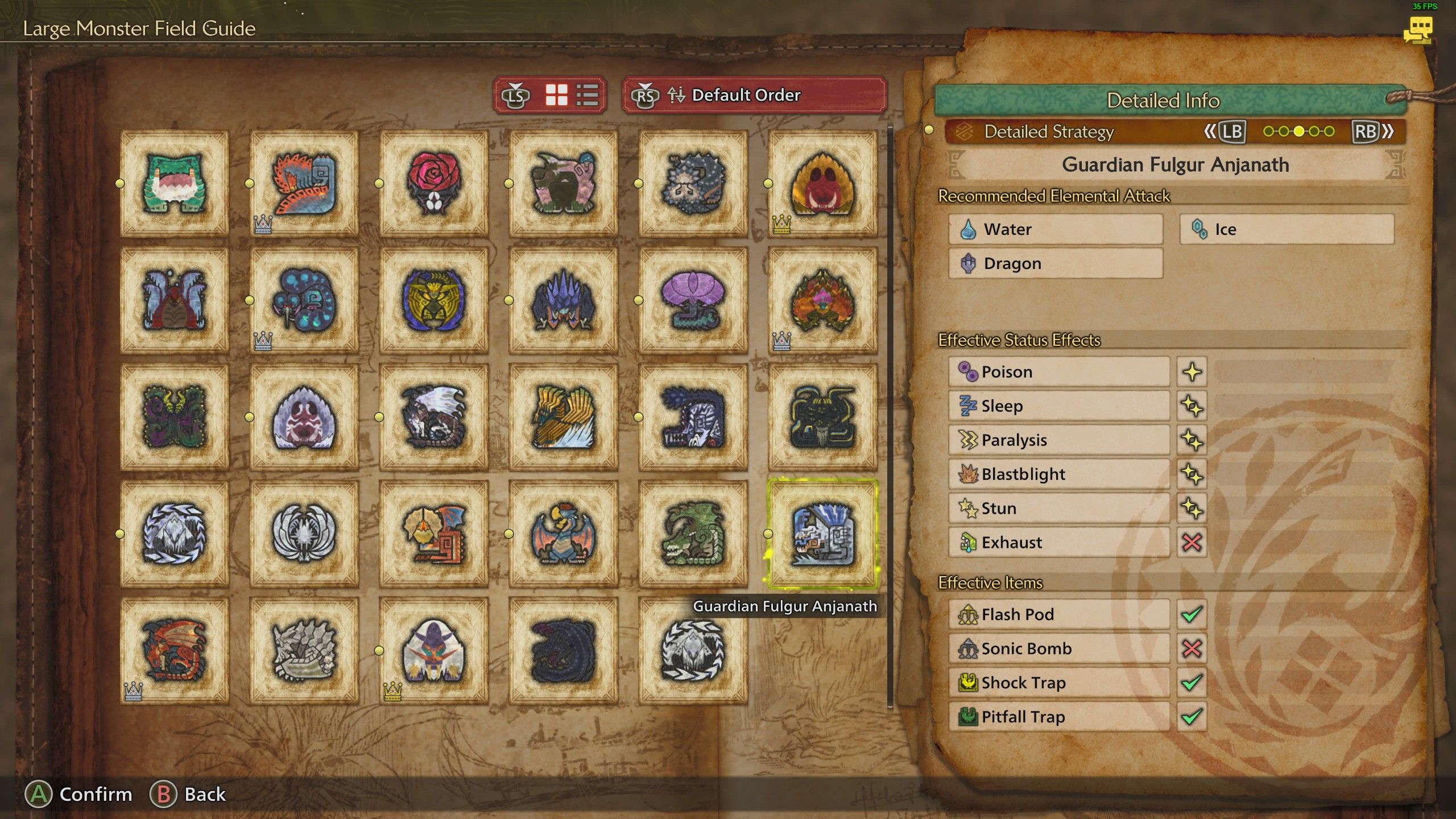 The Monster Guide showing Guardian Fulgur Anjanath's elemental weaknesses in Monster Hunter Wilds.