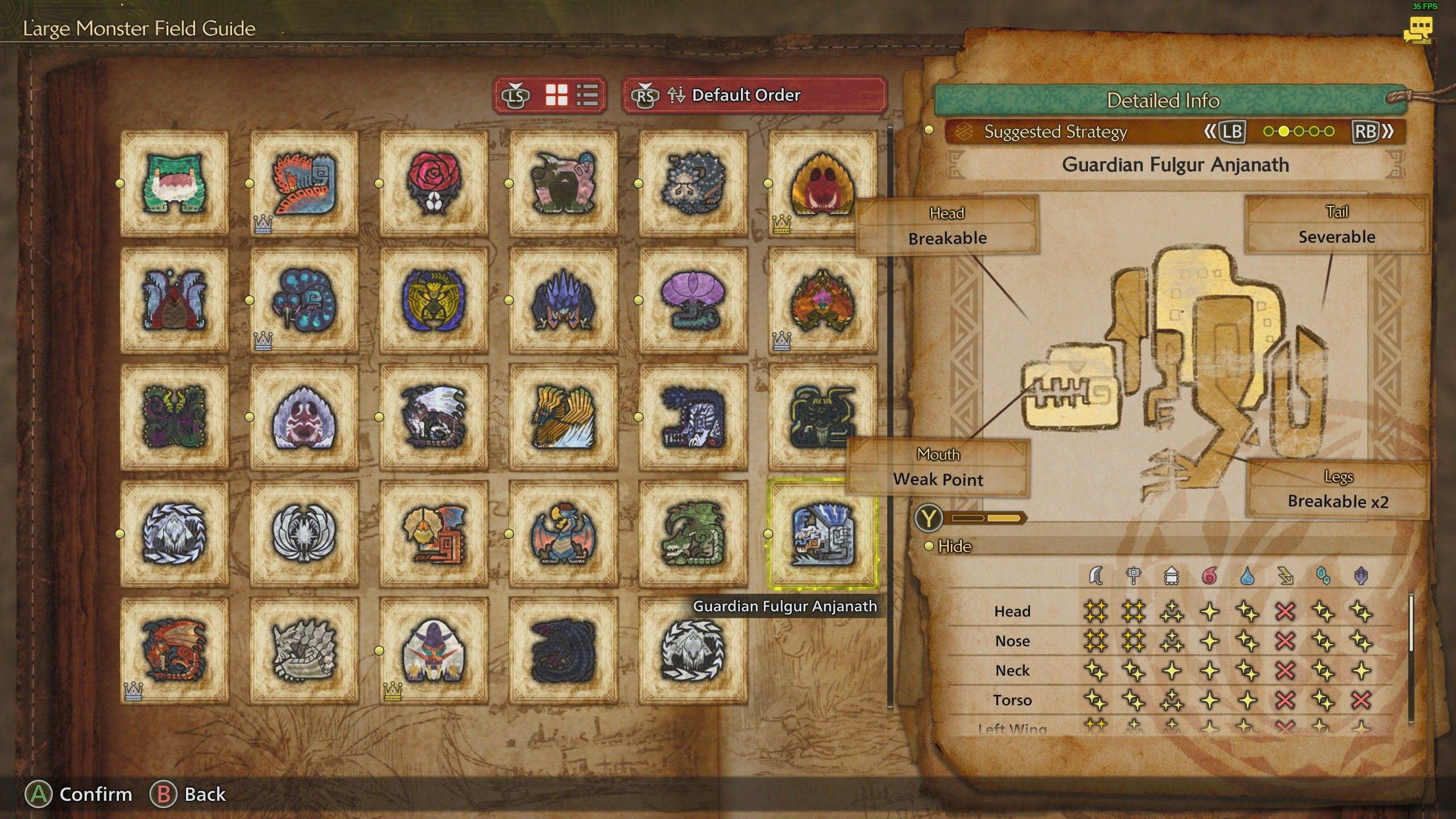 The Monster Guide showing Guardian Fulgur Anjanath's weapon damage weaknesses in Monster Hunter Wilds.