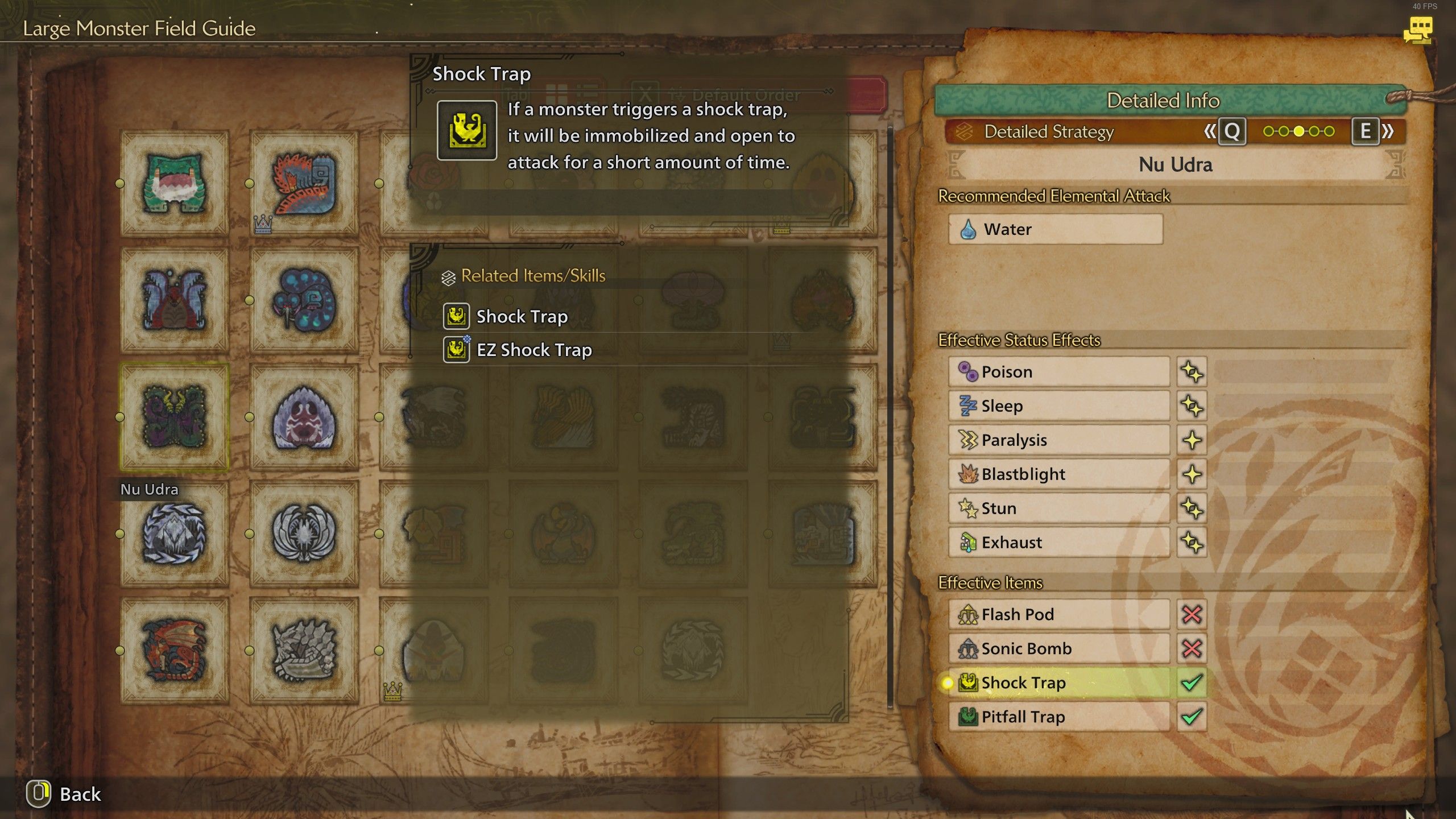 The Monster Menu showing the Nu Udra elemental weaknesses in Monster Hunter Wilds.