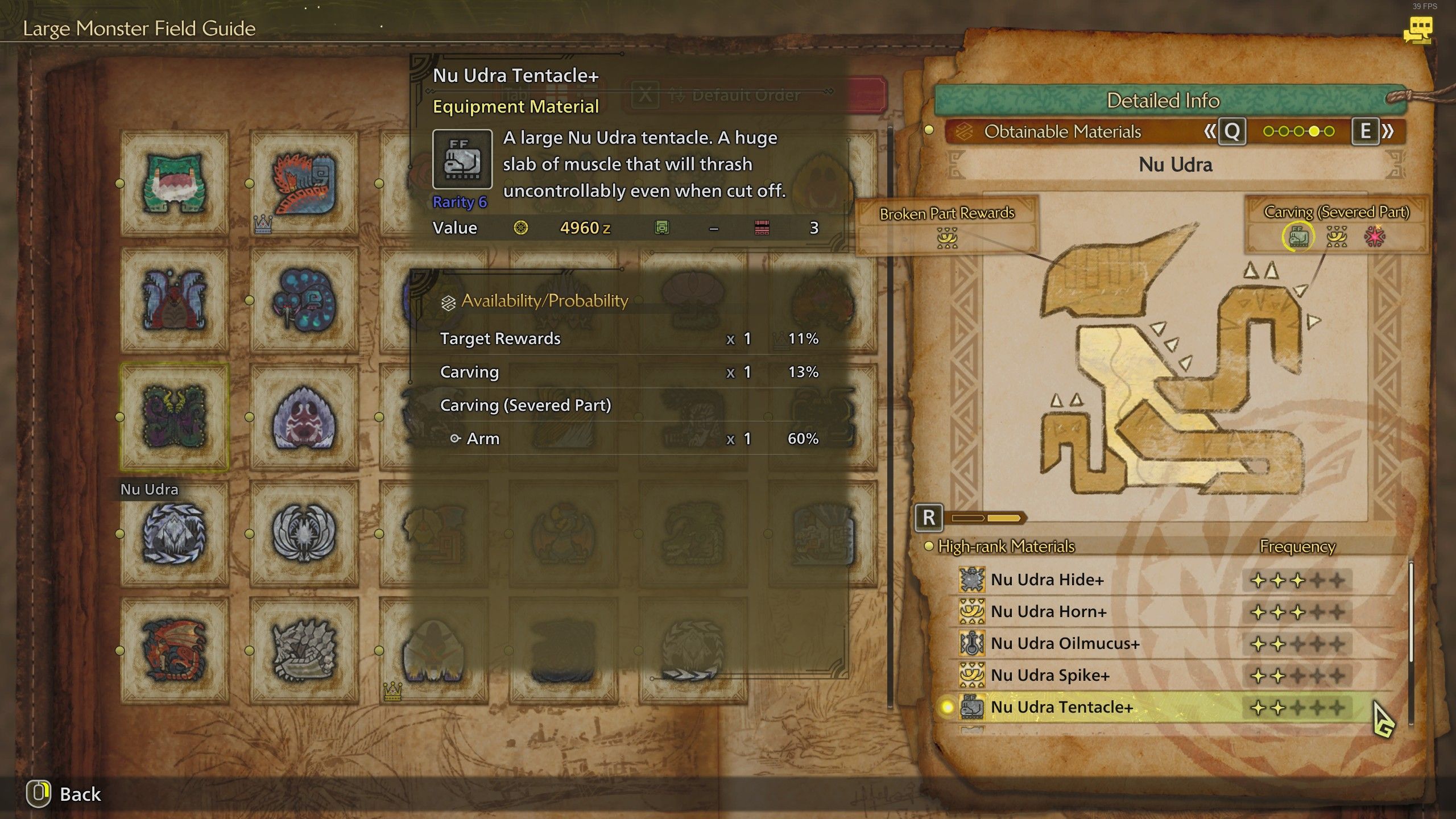 The Monster Guide Menu showing the Nu Udra drops in Monster Hunter Wilds.