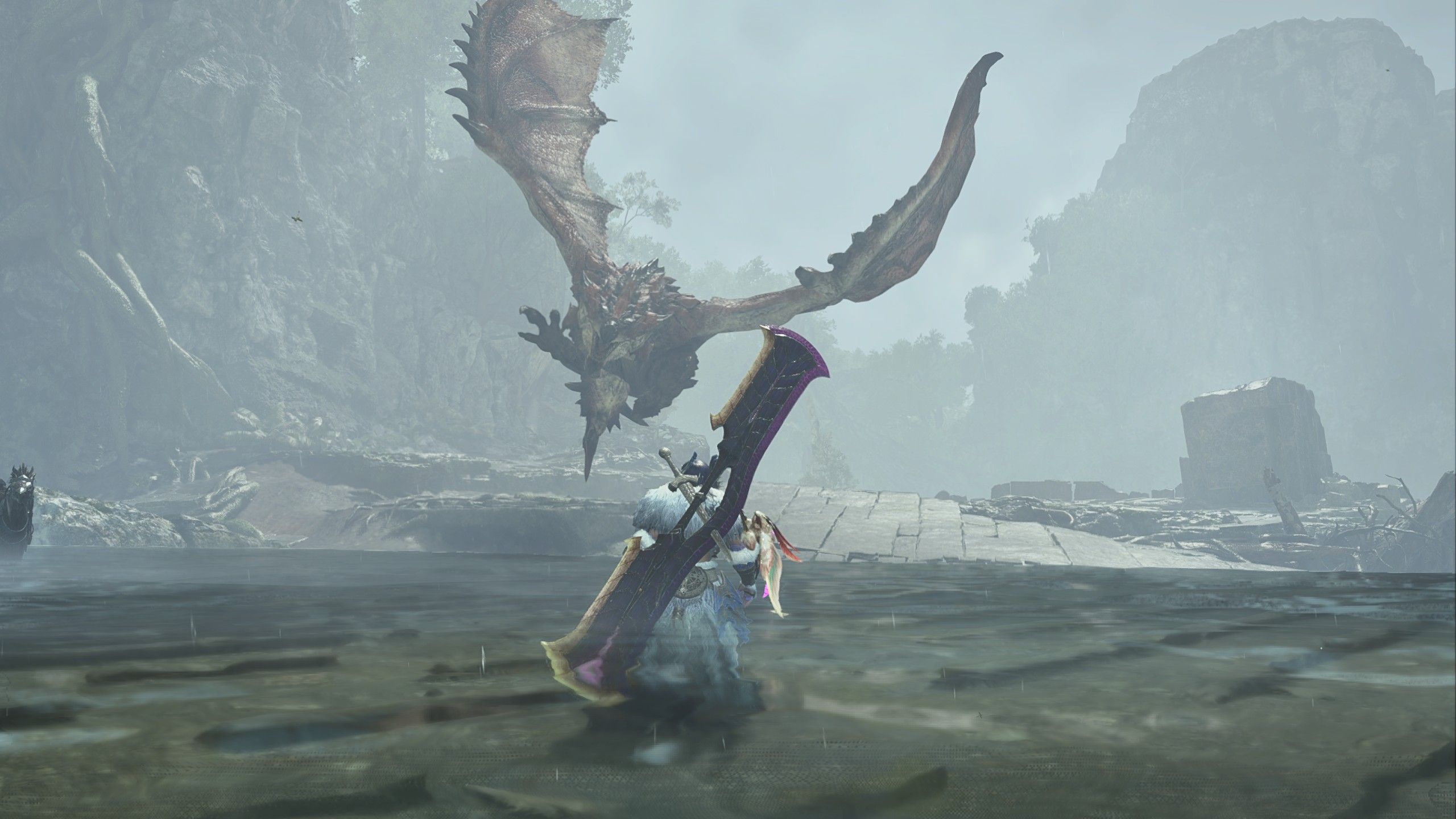 The Rathalos flying at the Hunter in Monster Hunter Wilds.