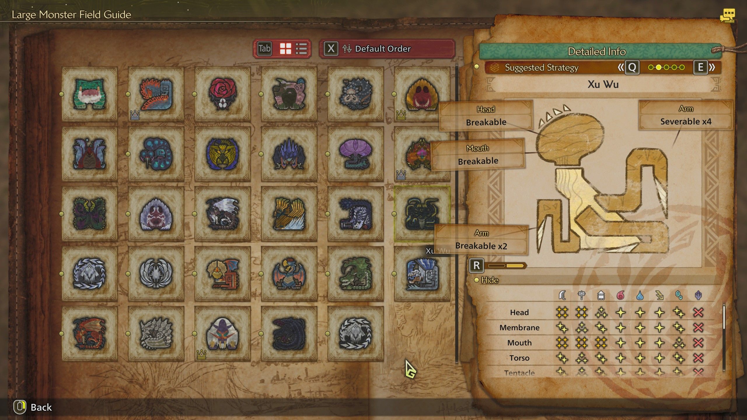 The Monster Guide menu showing Xu Wu's damage weaknesses in Monster Hunter Wilds.