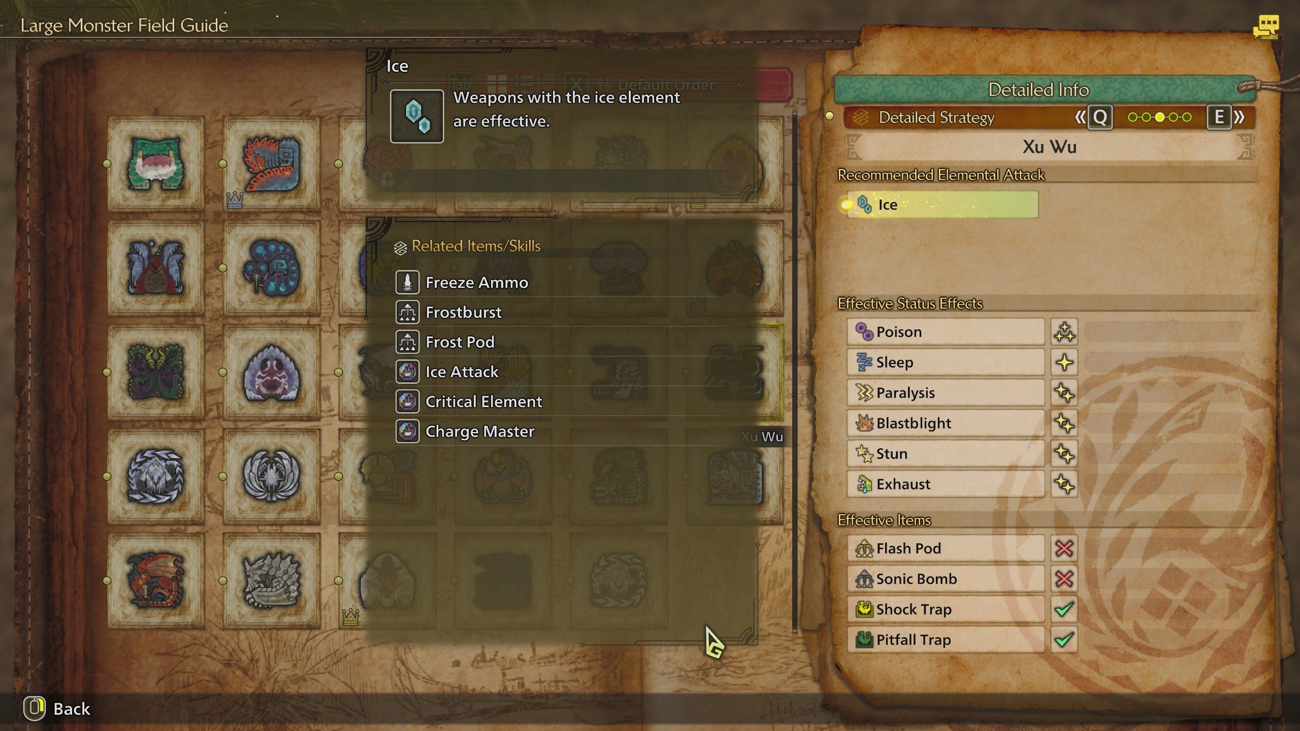 The Monster Guide menu showing Xu Wu's elemental weaknesses in Monster Hunter Wilds.