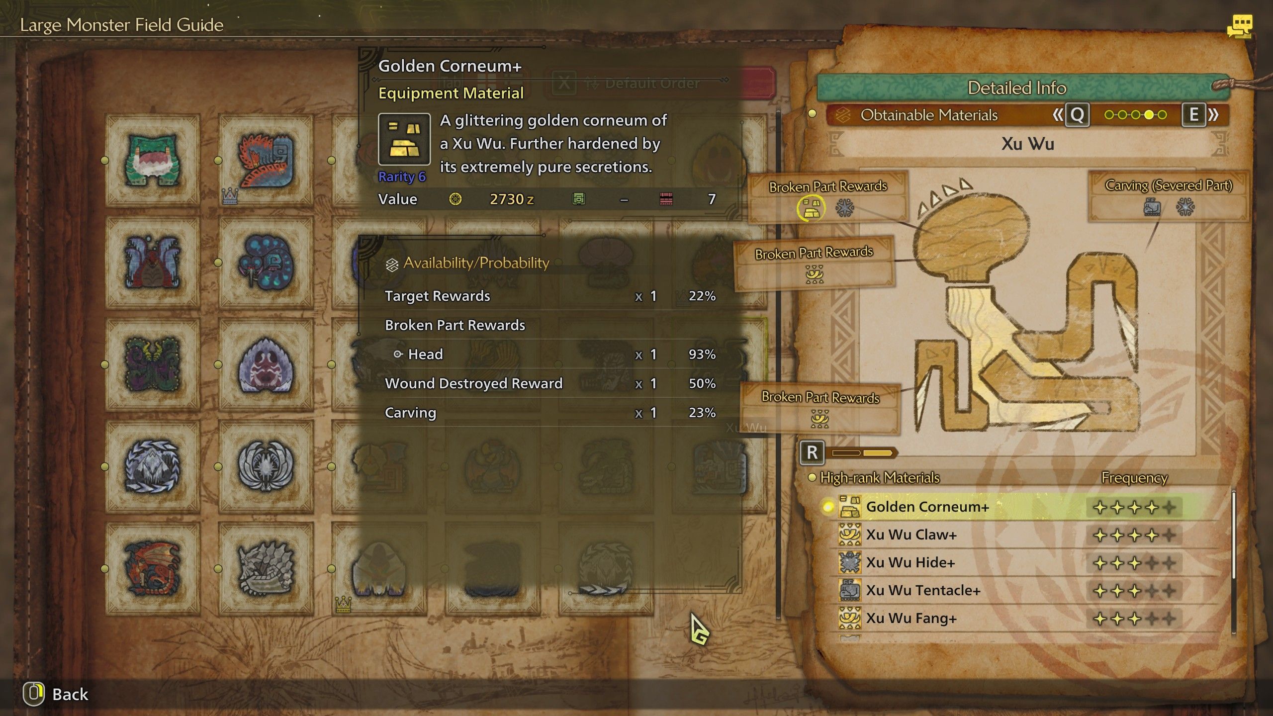 The Monster Guide menu showing Xu Wu's drops in Monster Hunter Wilds.