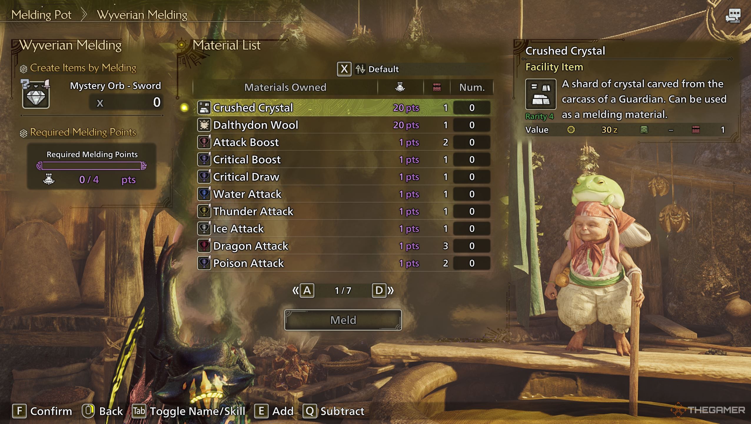 The Melding Pot Materials Menu in Monster Hunter Wilds.