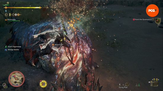 Monster Hunter Wilds mounting: a man with a giant spear attacks a monster while riding on its back.