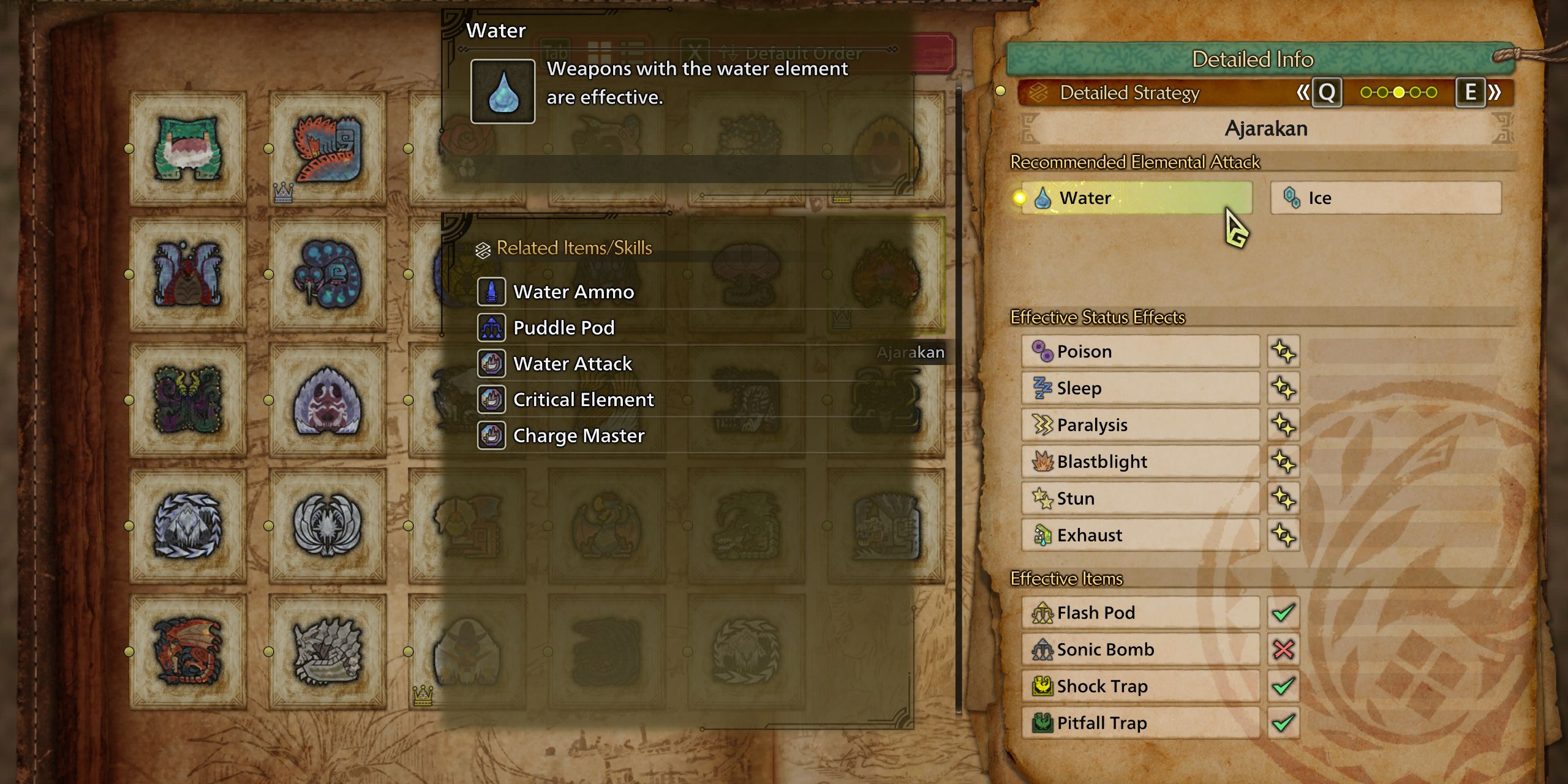 The Play Guide showing the elemental weaknesses of Ajarakan in Monster Hunter Wilds.