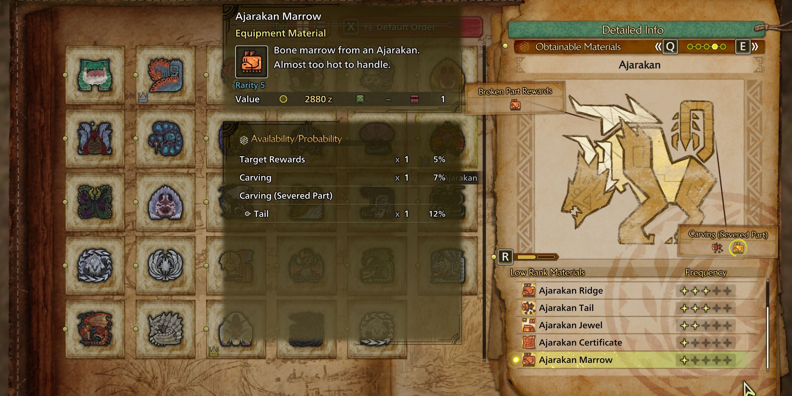 The Play Guide showing the material drops for Ajarakan in Monster Hunter.