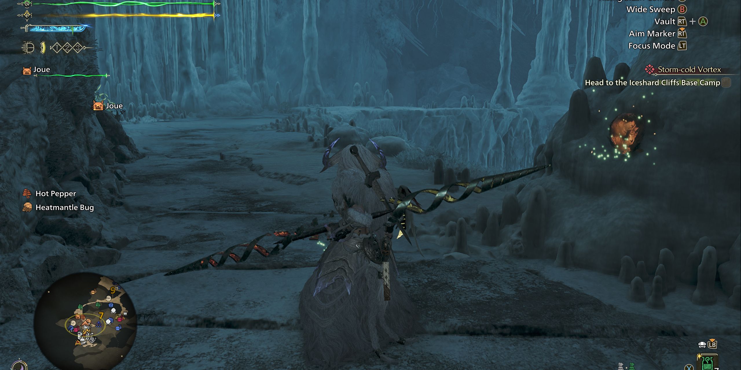 A hunter wielding a reinforced Artian Insect Glaive in Monster Hunter Wilds.