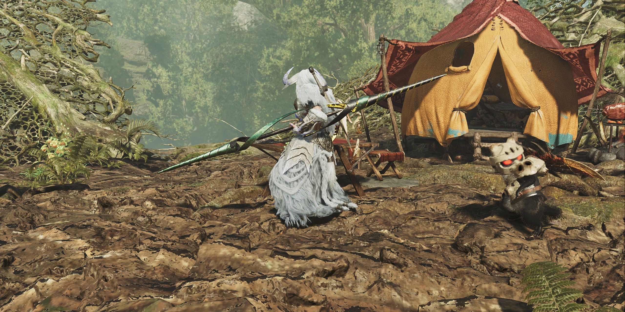 A hunter posing with an unsheathed Insect Glaive in Monster Hunter Wilds.