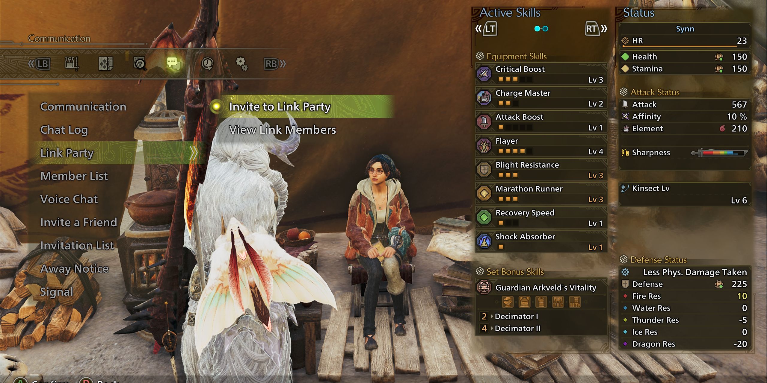 The communication menu showing the Link A Party option in Monster Hunter Wilds.