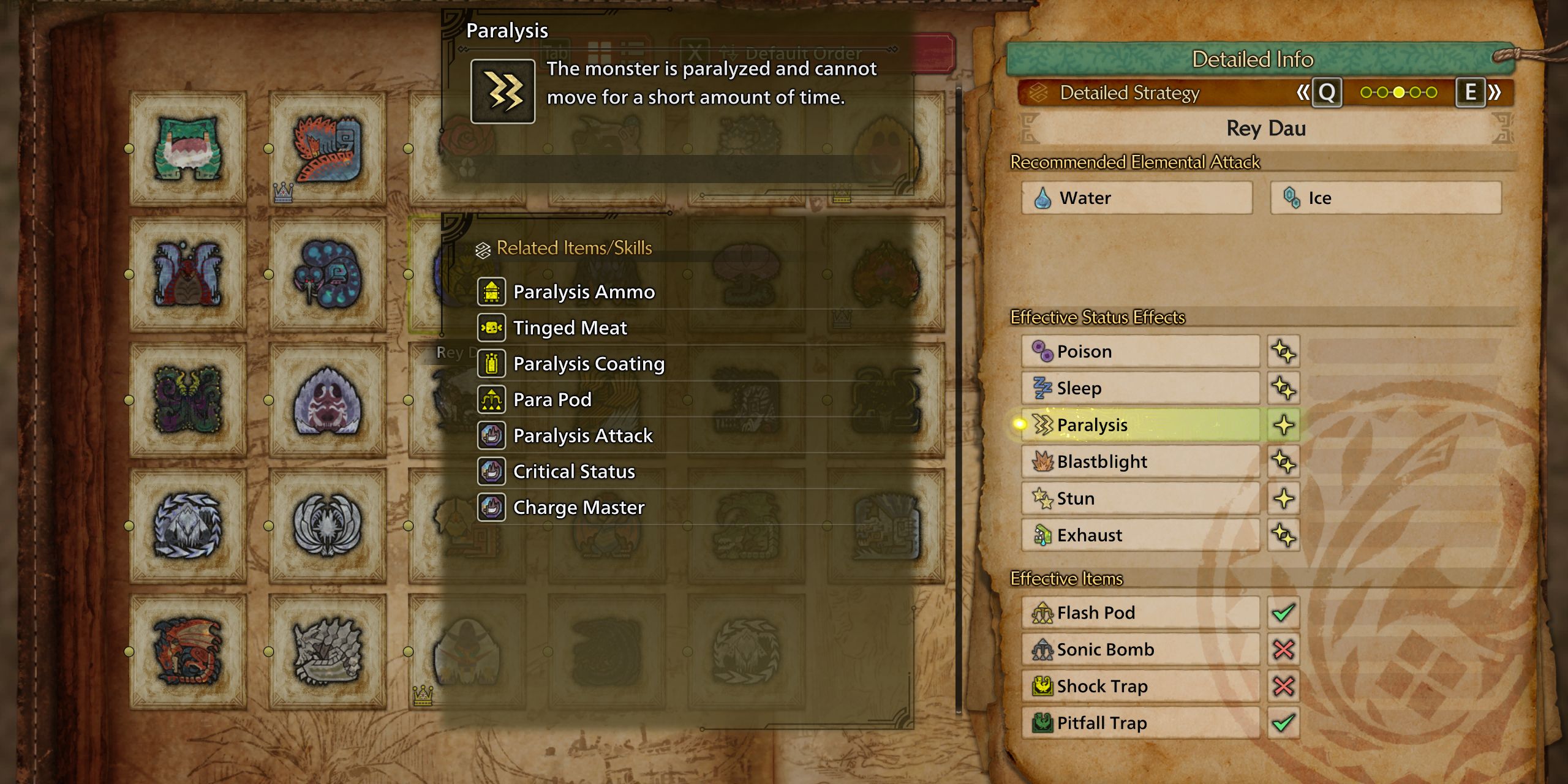 Player Guide showing the elemental weaknesses of Rey Dau in Monster Hunter Wilds.