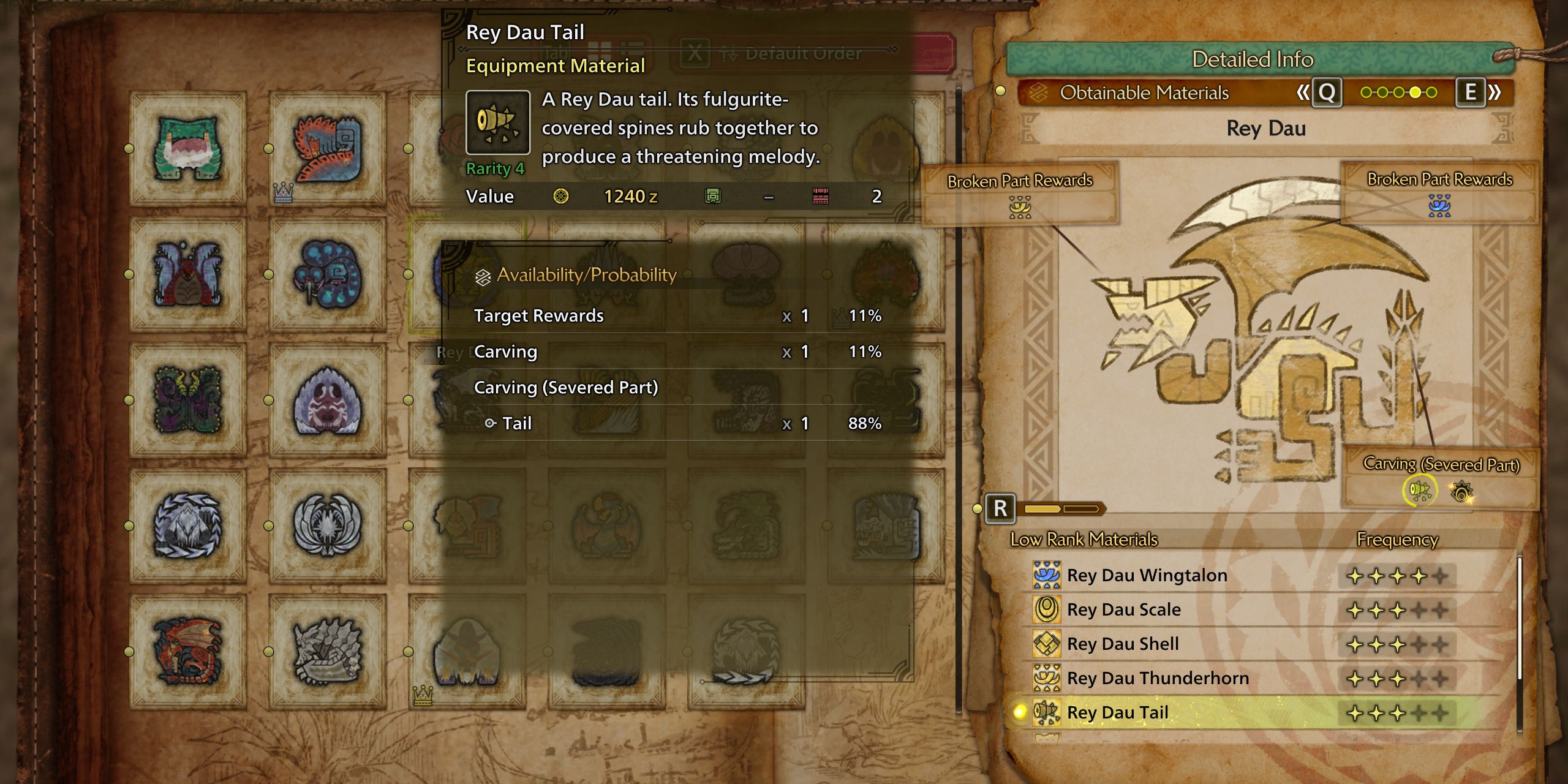 The Player Guide menu showing the material drops of Rey Dau in Monster Hunter Wilds.